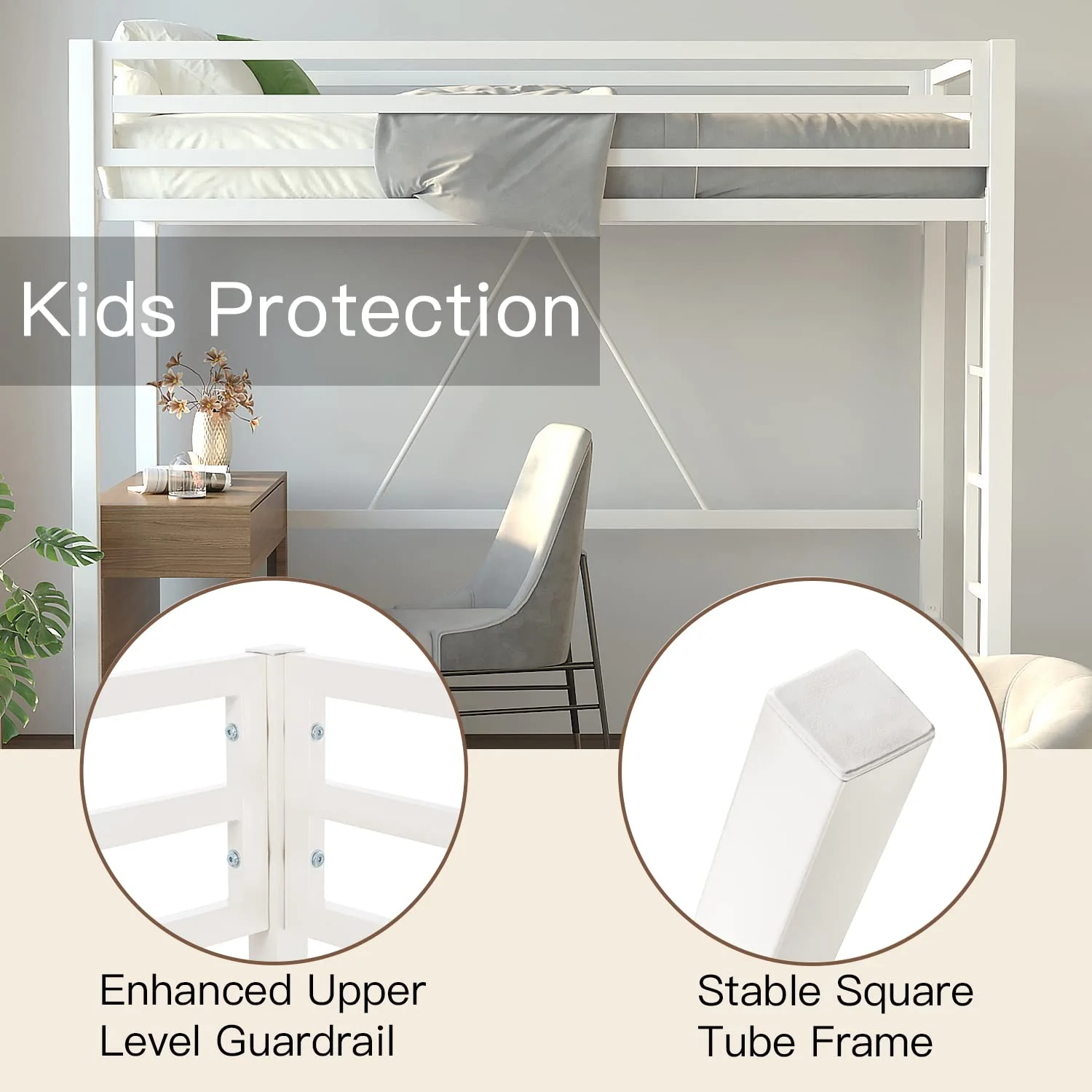 Einfach Metal Twin Size Loft Bed with Removable Ladder & Full-Length Guardrail, White - Image 7