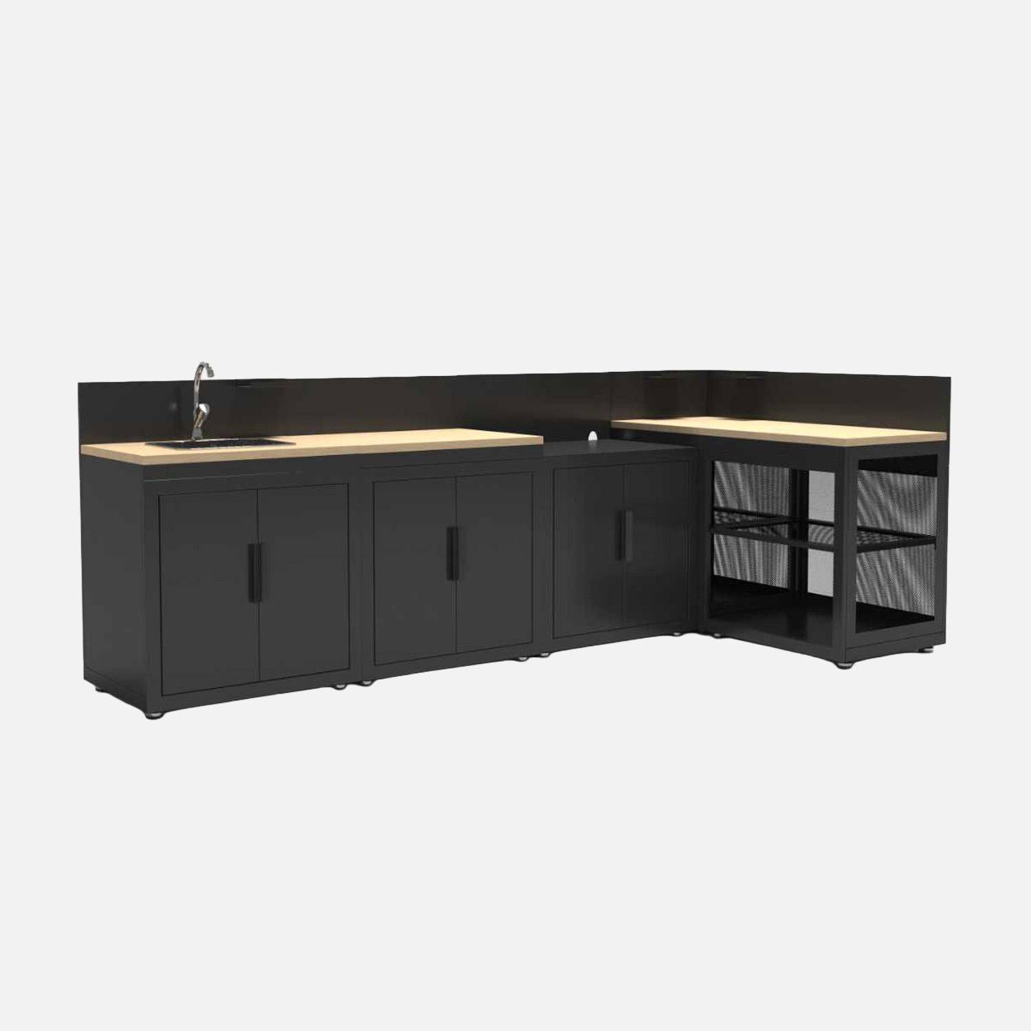 Milos - Cocina de exterior 5 módulos acero y decoración madera