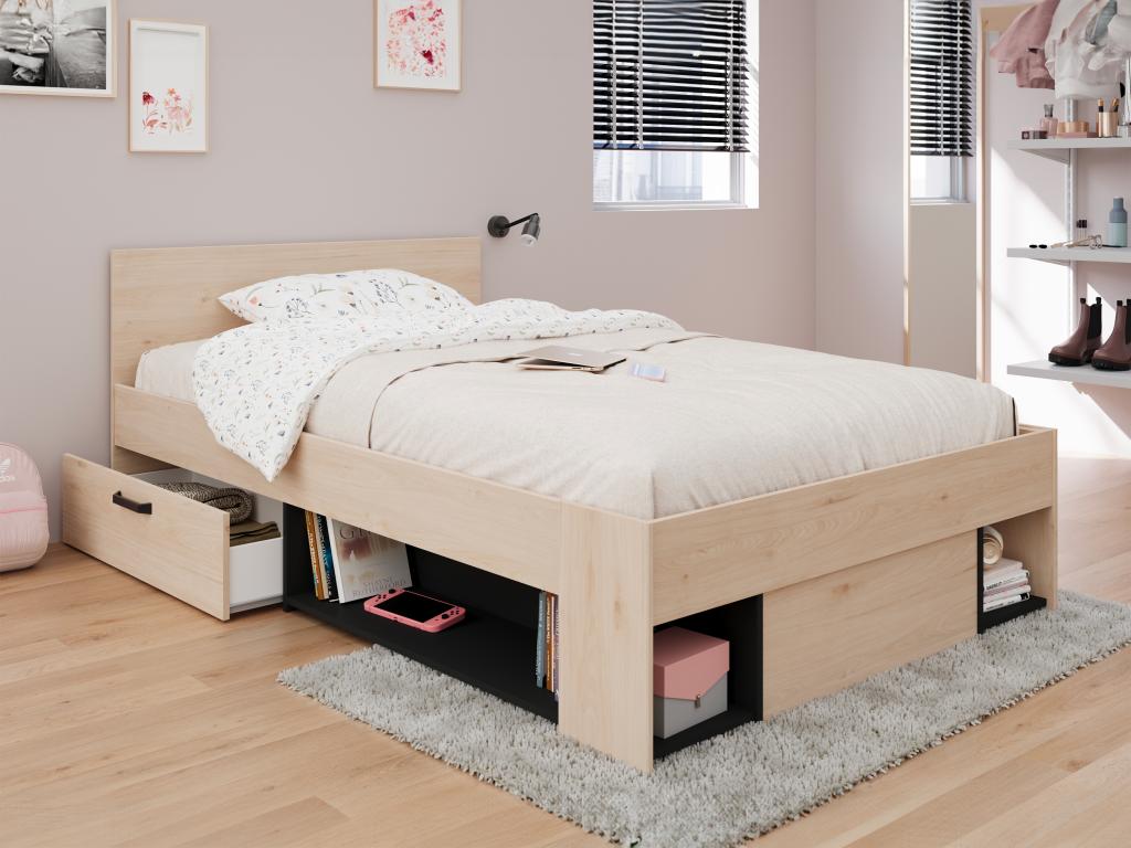 Cama 120 x 190/200 cm con almacenamiento - Color: Natural y negro - KINSELIA