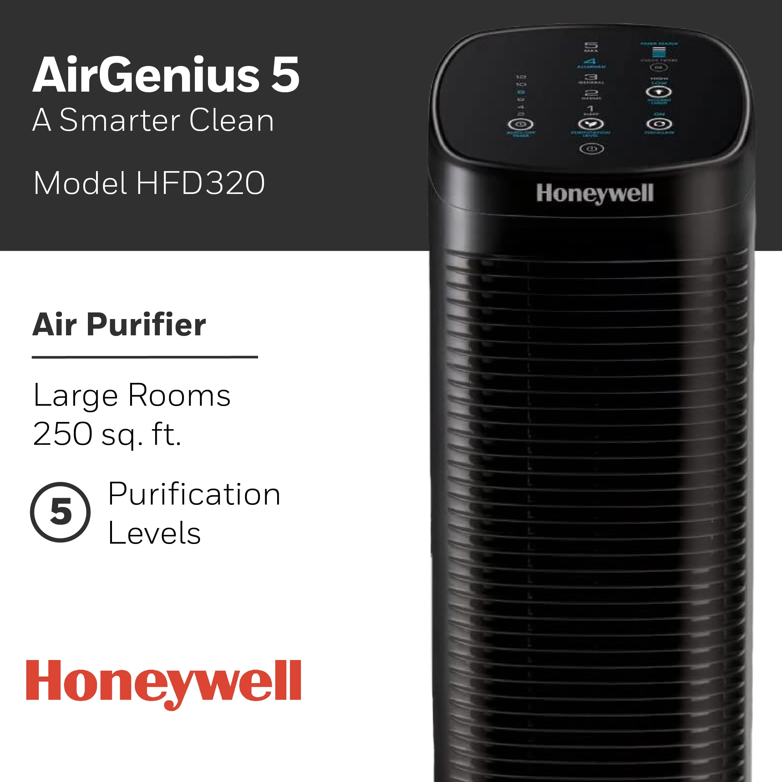 Honeywell Air Genius 5 Air Purifier with Washable Filter, Large Rooms, 250 sq ft, Black, HFD320 - Image 4
