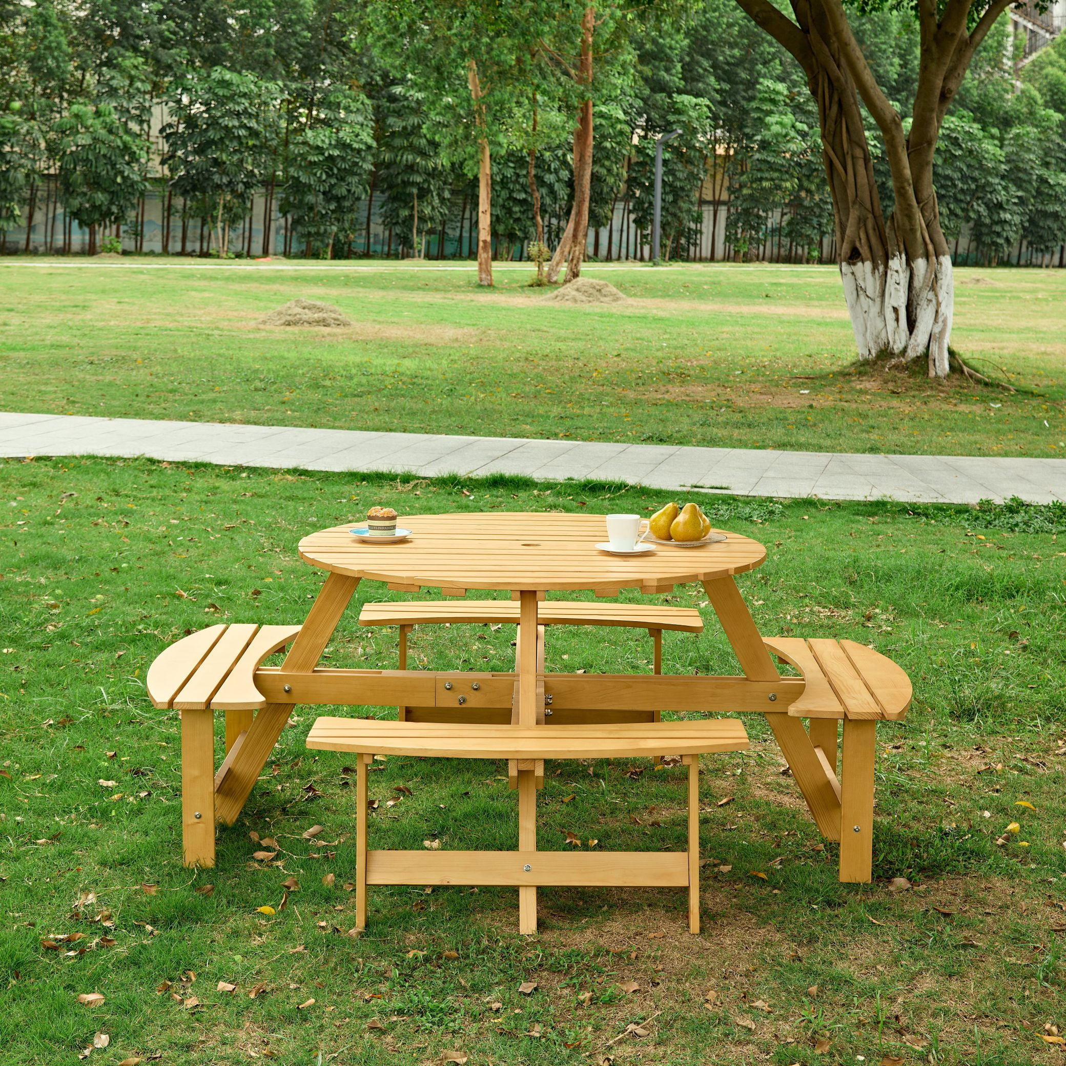 8 Person Wood Picnic Table, Outdoor Round Picnic Table with 4 Built-in Benches, Umbrella Hole, Outside Table and Bench Set for Patio, Backyard, 500lbs Capacity Per Bench - Image 2