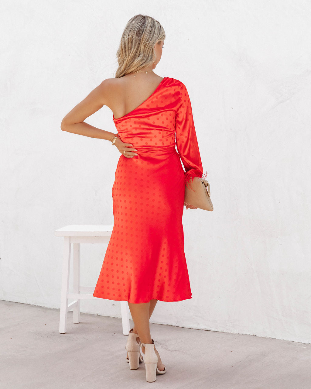 Margaux Satin Feather Trim Midi Dress - Red - FINAL SALE - Se7enfashion
