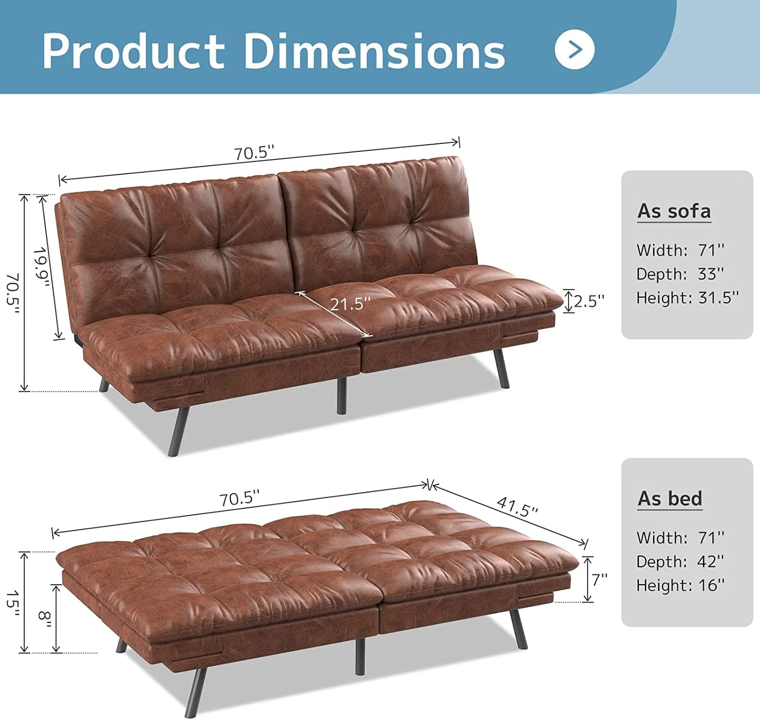 Convertible Futon Sofa Bed, Modern Sleeper Sofa, Brown - Image 5