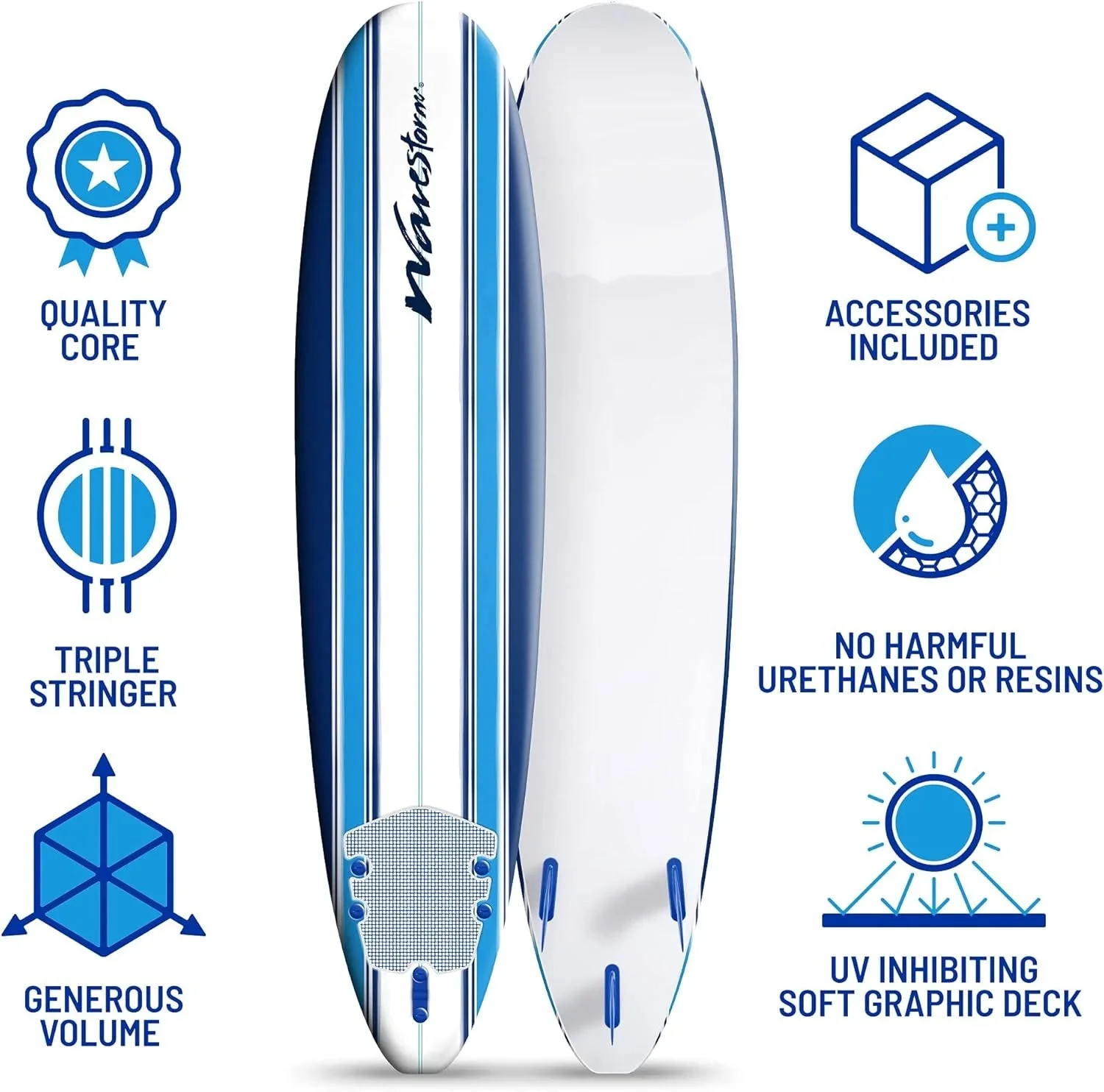 8ft Soft Top Foam Surfboard, EPS Core, 3 Stringers, Wax-Free Longboard, 200lb Capacity - Image 4 8ft Soft Top Foam Surfboard, EPS Core, 3 Stringers, Wax-Free Longboard, 200lb Capacity - Image 4
