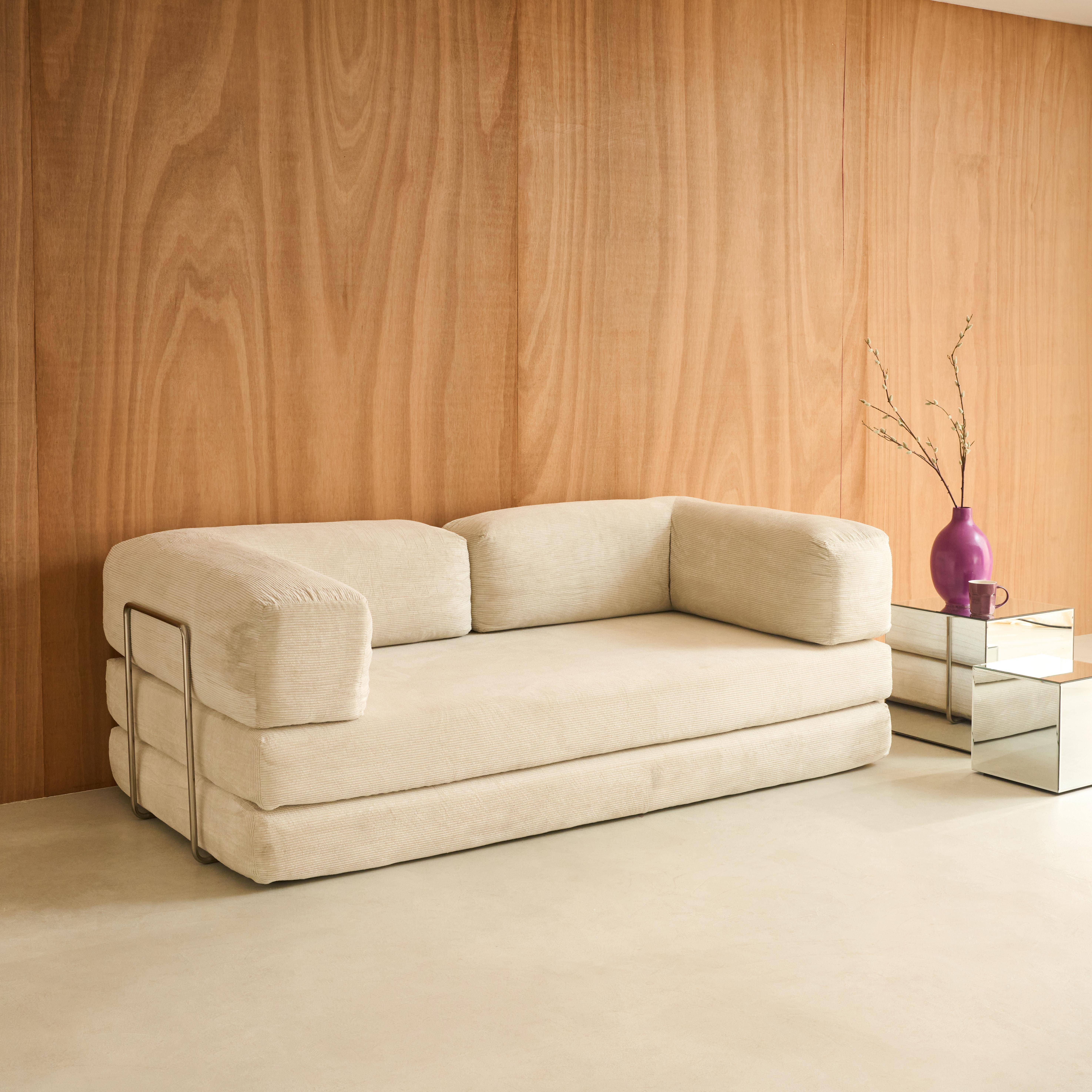 Seventies - Sofá cama con futón plegable en pana y estructura cromada, 3 plazas