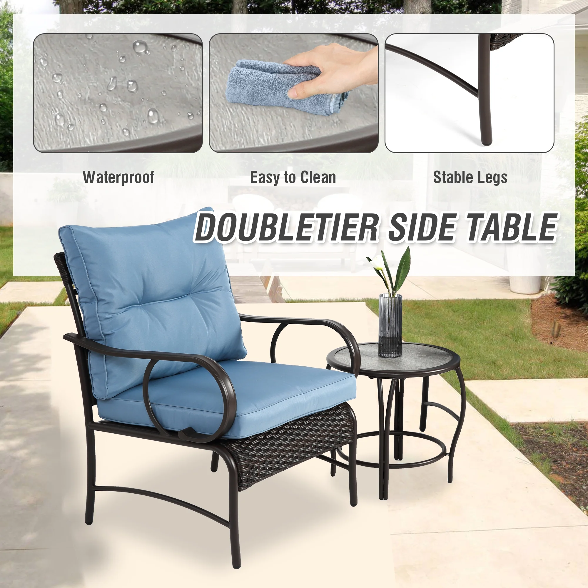 Villeston 3 Piece Outdoor Wicker Conversation Patio Set, with 2 Chairs, Table for Porch Garden,Blue - Image 10