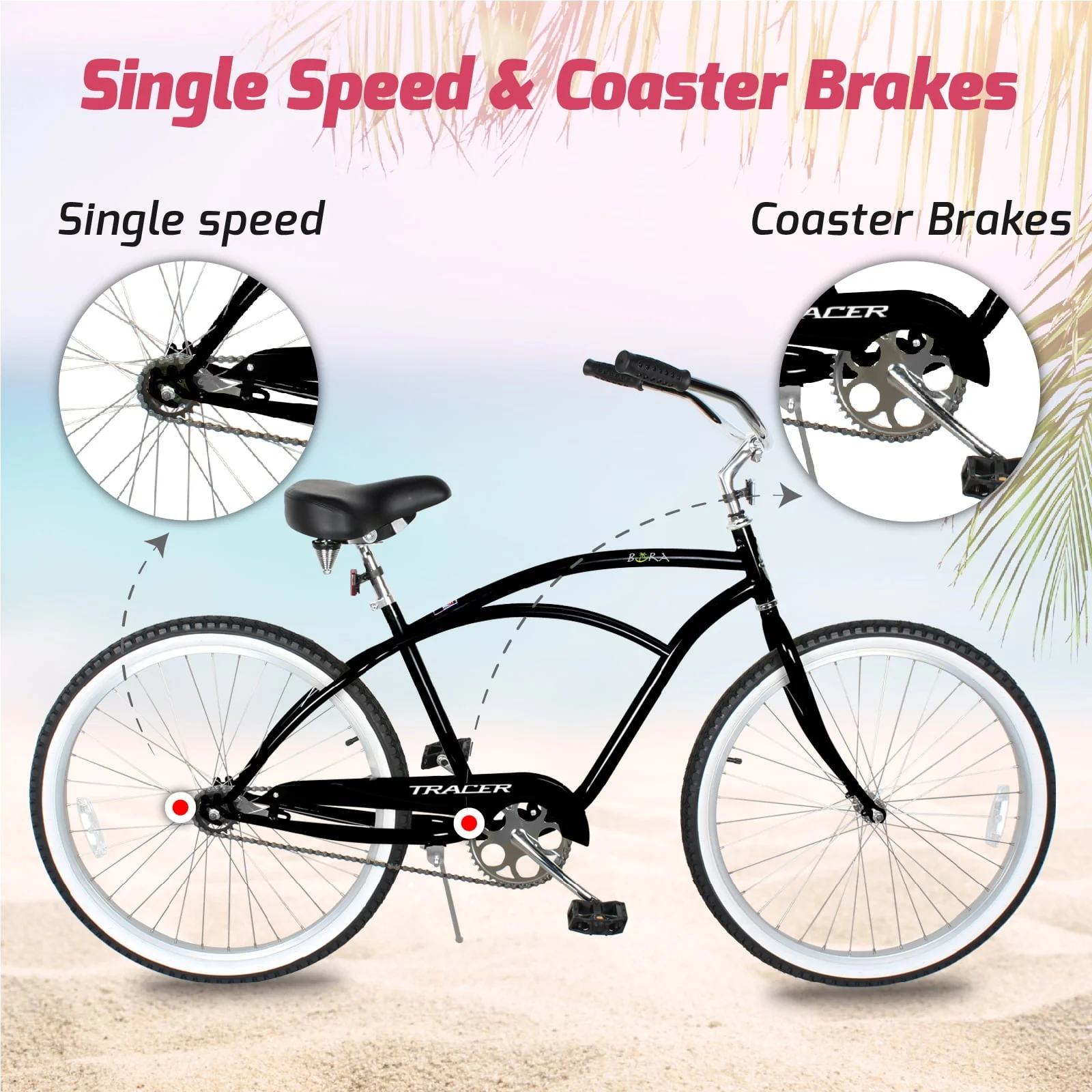 Tracer BORA Beach Cruiser Bike for Adult, 26 Inch Wheels, Featuring Steel Step Over or Step Through Hi Ten Steel Frame, 1 Speed with Coaster Brake, Hybrid Bike, Black Color - Image 4
