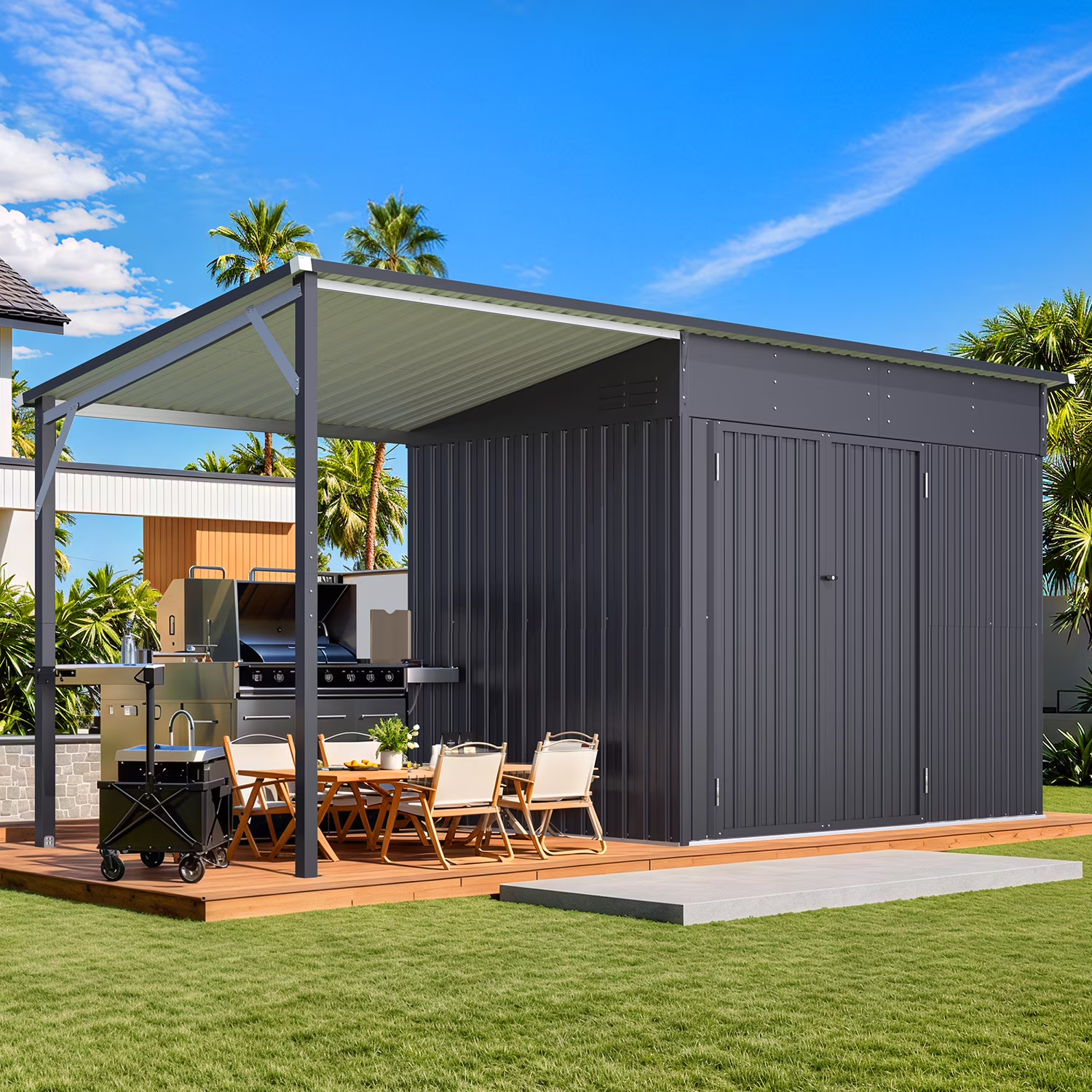 YODOLLA Outdoor Open-Sided Storage Shed, 3x5 Sheds & Outdoor Storage with 15 Sq. Ft Covered, 5x3 Small 2-in-1 Tool Shed with Attached Hardtop Metal Pergola Gazebo - Image 5
