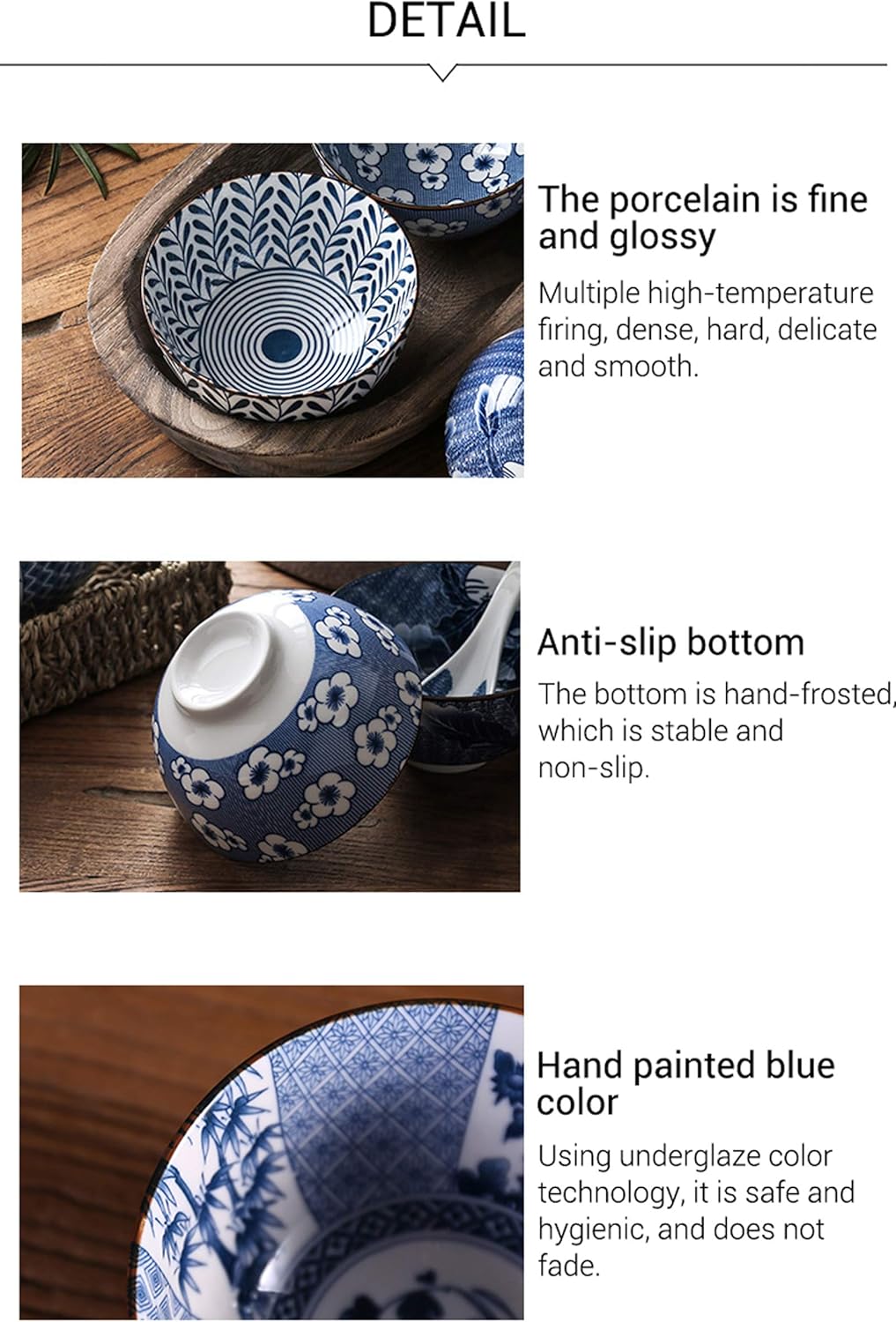 Gegong 6 Pack Ceramic Bowls, Japanese Style , 10 Ounces Thickening Blue and white porcelain Rice /Cereal Bowls for Kitchen, Suitable for microwave, ovens, dishwashers (mixing)