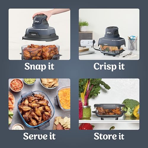 4 in 1 Portable Glass Air Fryer Cooking System, 4QT & 6 Cup Glass Containers with Storage Lids, Easy Meals, Microwave, Freezer & Dishwasher Safe, Air Fry, Bake & More, Cyberspace, FN101GY