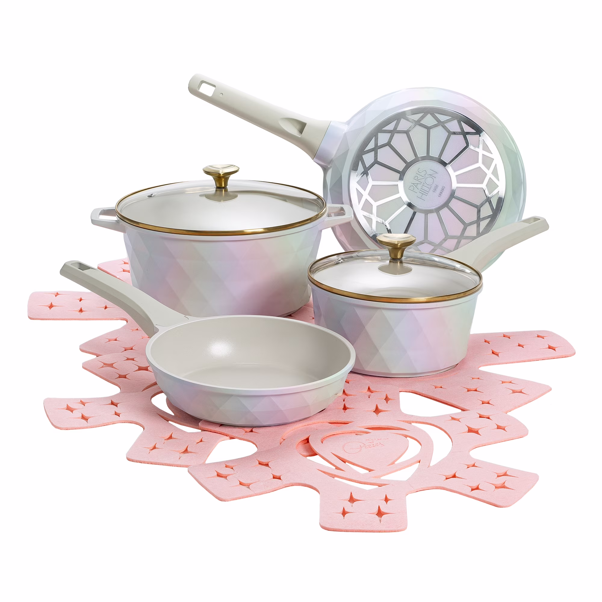 Paris Hilton 10-Piece Ceramic Nonstick Cast Aluminum Cookware Set, Clean Ceramic? Coating, Faceted Pink Design - Image 3