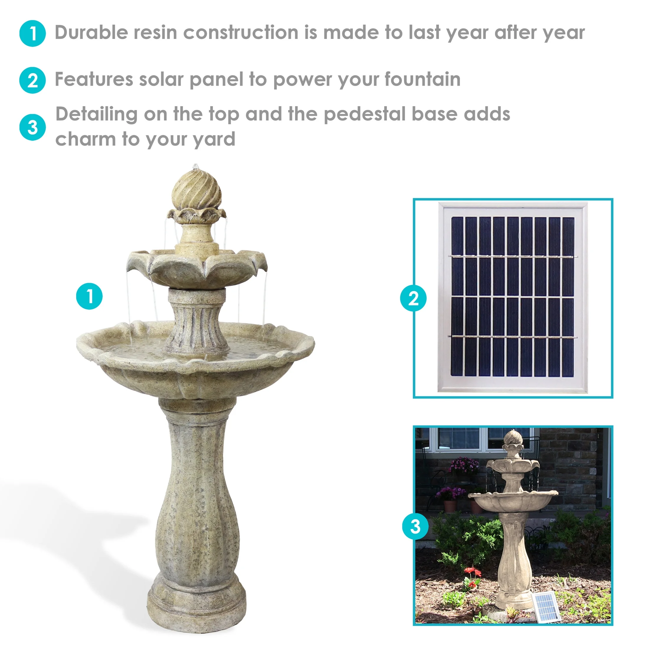 Sunnydaze 45" 2-Tier Arcade Solar Outdoor Water Fountain with LED - Earth - Image 2