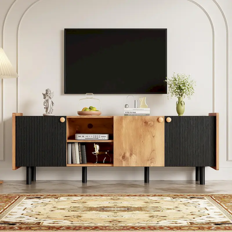 Mid-Century Modern TV Stand with 3 Cabinets - Media Console for TVs up to 70 inches, Stylish Entertainment Center with Storage for Living Room