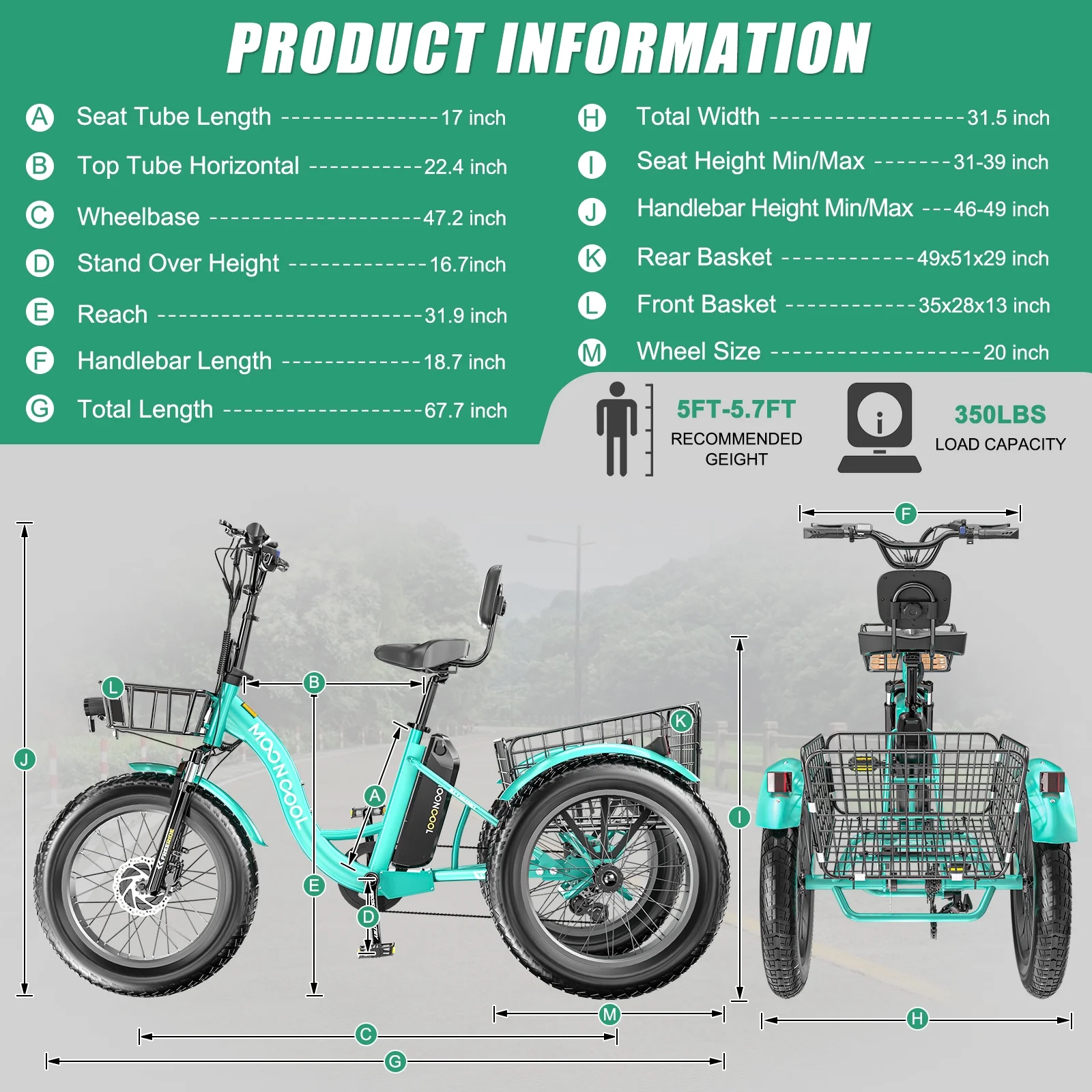 20" x 4" Fat Tire Electric Tricycle for Adult, 7 Speeds Electric Trike 48V 500W Motorized Tricycle , Electric Three Wheels Bicycle for Senior, Aluminum Frame & Rear Basket ,16mph - Image 31