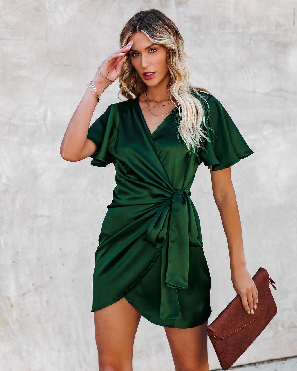 Frame Of Mind Satin Wrap Dress - Hunter Green - Se7enfashion