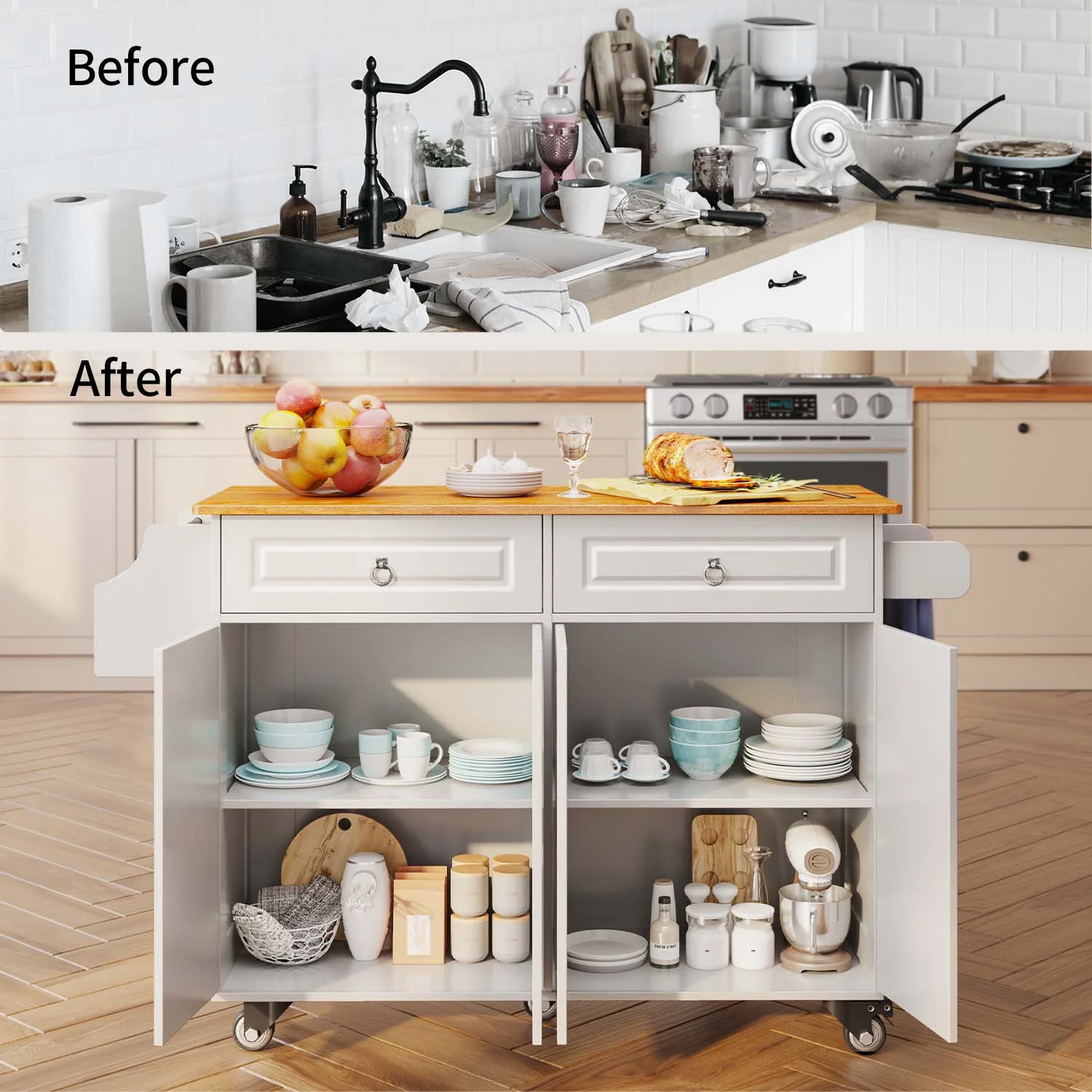 Lofka 52-Inch Kitchen Island with Storage on Wheels with Wood Drop Leaf, Ideal for Small Kitchens - Image 5