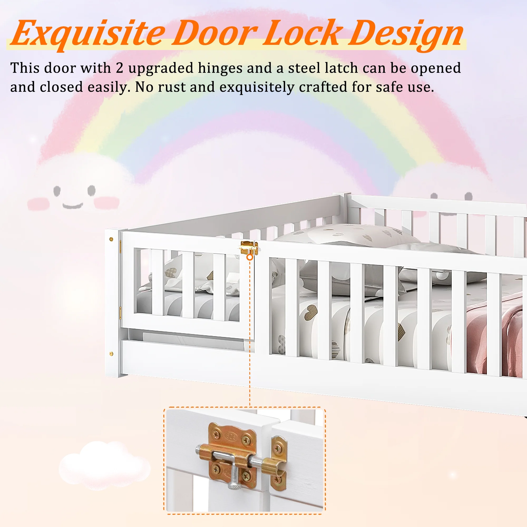 UHOMEPRO Twin Size Floor Bed with Door and Fence, Montessori Floor Bed with Slats and Safety Guardrails, Solid Wood Twin Bed Frame for Bedroom, White - Image 9