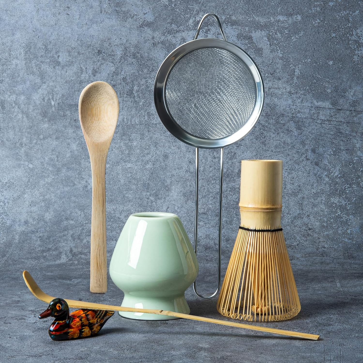 Matcha Whisk Set, Matcha Making Kit Whisk (Chasen Holder), Ceramic Whisk Holder (Mottled Green), Bamboo Scoop, Powder Starter Sifter, Spoon Japanese Tea Tools For Ceremony Gift