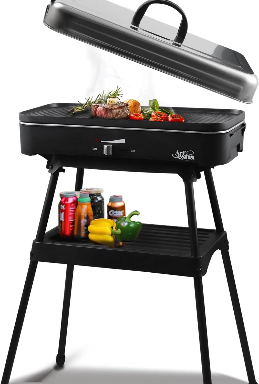Artestia 1800W Electric Outdoor Grills with Lid Indoor Smokeless Grill for Balcony with Temperature Control Portable Removable Stand Grill for Cooking, BBQ Party, Family