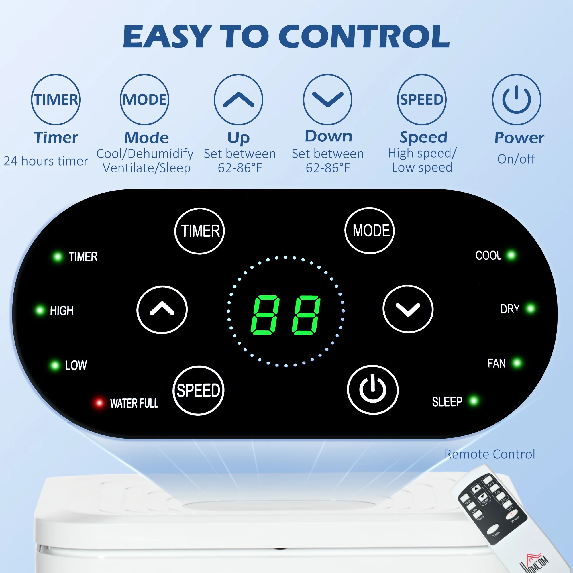 HOMCOM 8,000 BTU Portable Air Conditioner Fan with Remote for Rooms Up to 344 Sq. Ft., Evaporative Cooler, Home AC Unit with Dehumidifier, Black - Image 14