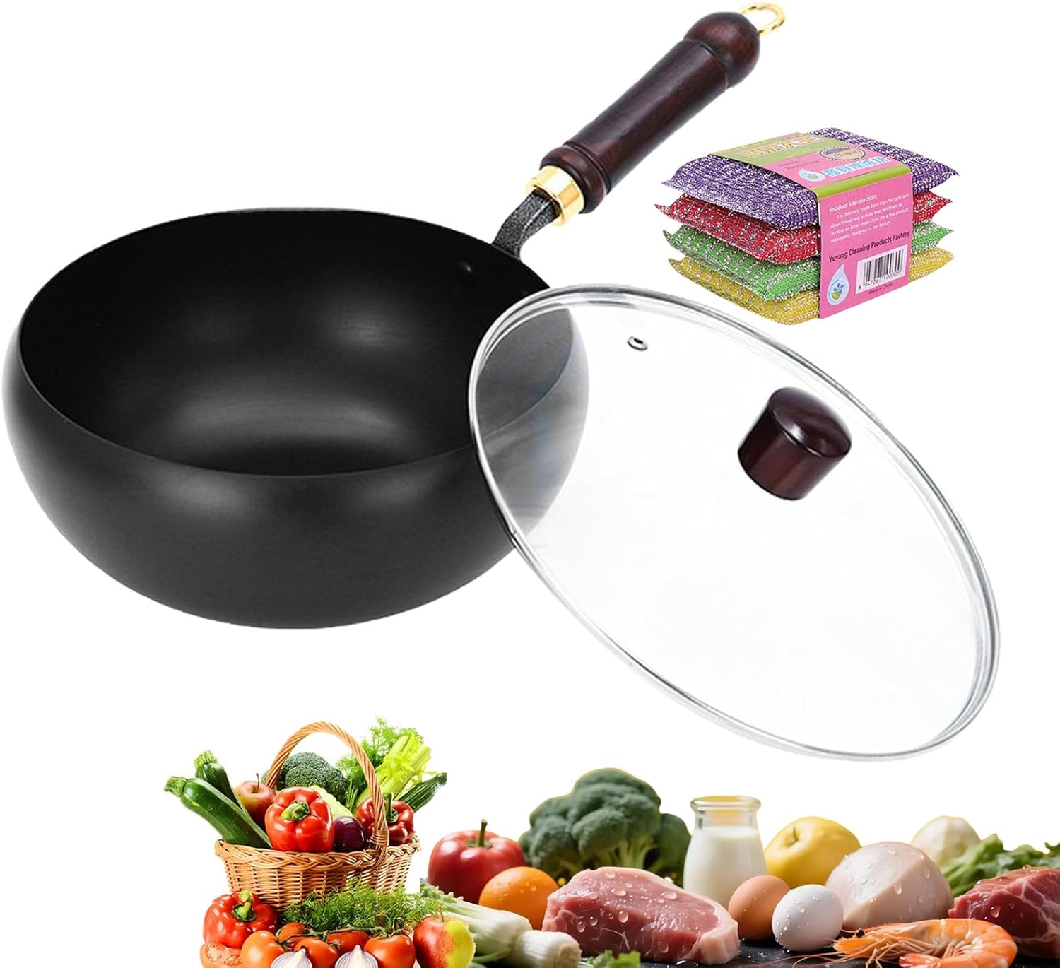 Japanese Cast Iron Cookware Wok with Lid, Uncoated Iron Wok Pan 9.5-11in, Heavy Duty Cast Iron Pot, Even Heat, Natural Healthy Stir Fry Cooking, Durable Kitchen Wok (No lid, 10.24in/26cm)