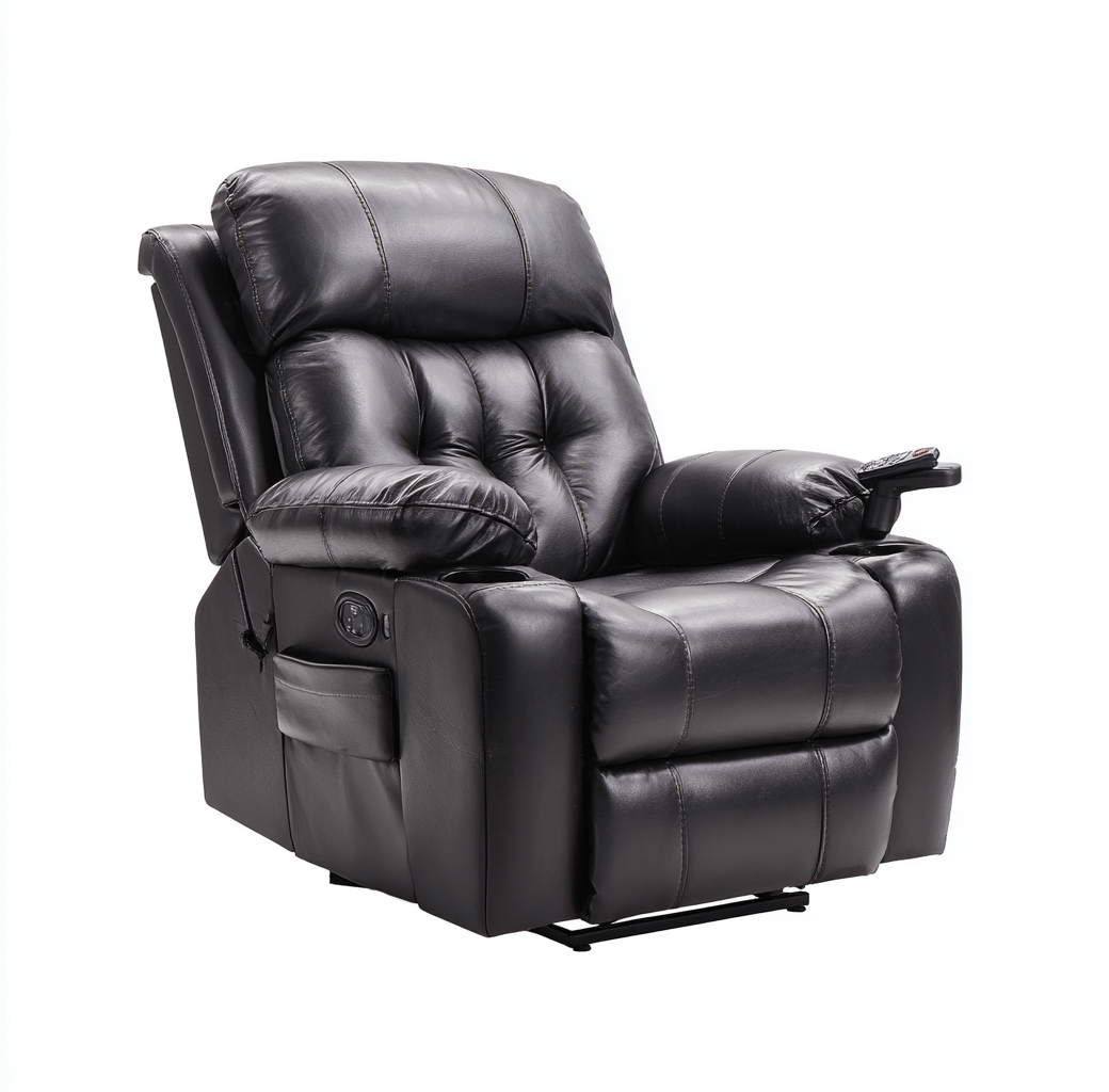 Sillón reclinable eléctrico de piel sintética negra 90×95×105 cm – con un cojín lumbar – con función de elevación y masaje