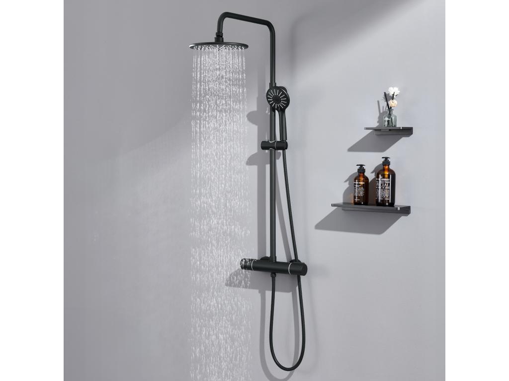 Columna Ducha Negra con Mezclador Termostático de 38°C,Altura Ajustable,Pomo Mano 3 Jets+Soallero Baño,Autoadhesivo/ Perforación,60CM