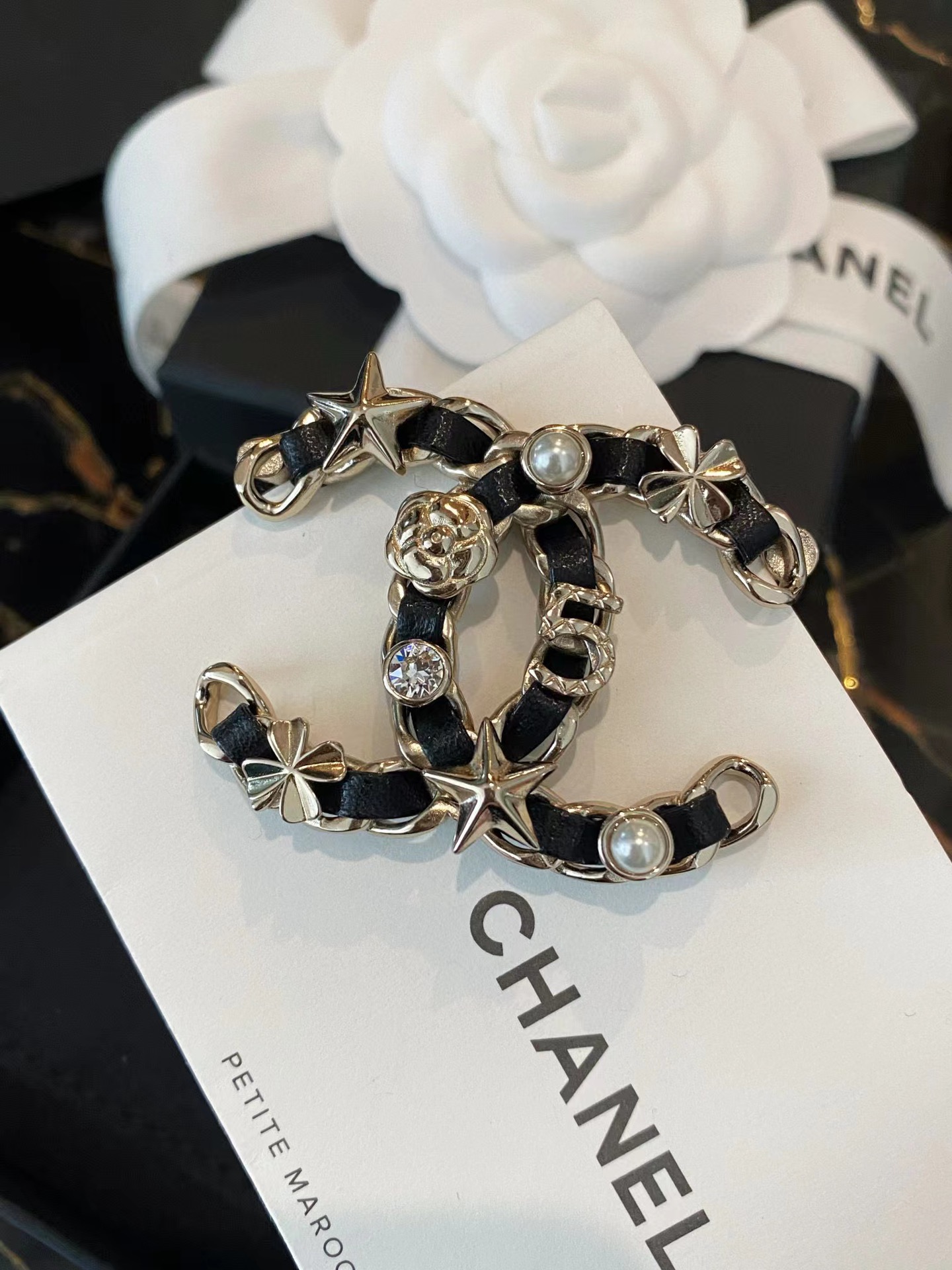 Chanel Star Leather Wrap Gold CC Brooch - Original Replica Club
