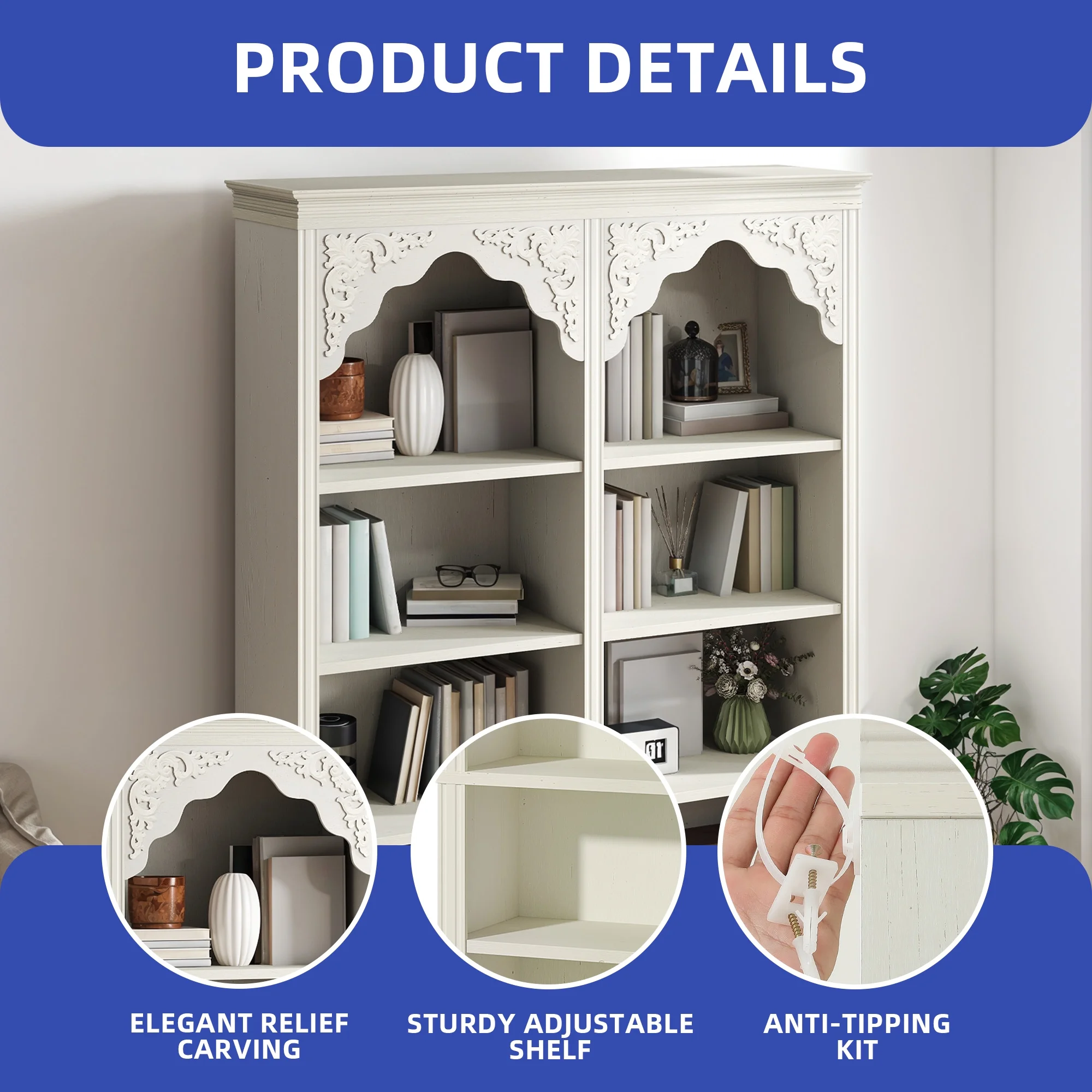 ModFusion 70" Distressed White Bookshelf with Adjustable Shelves and Two Drawers - Image 6