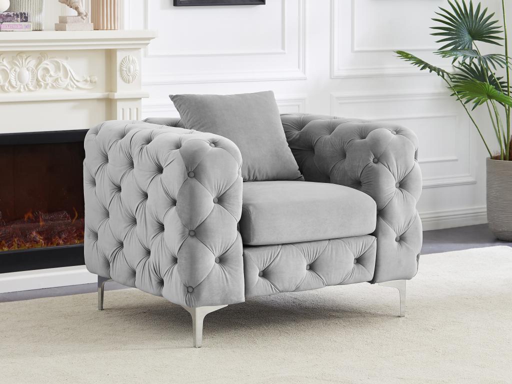 Silla chesterfield de terciopelo gris claro EDWINA