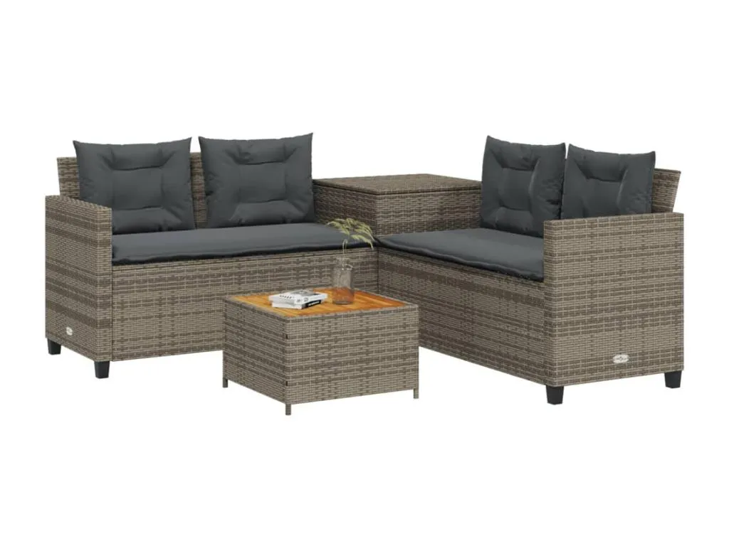 Sofá de jardín en forma de L con mesa y cojines ratán PE gris