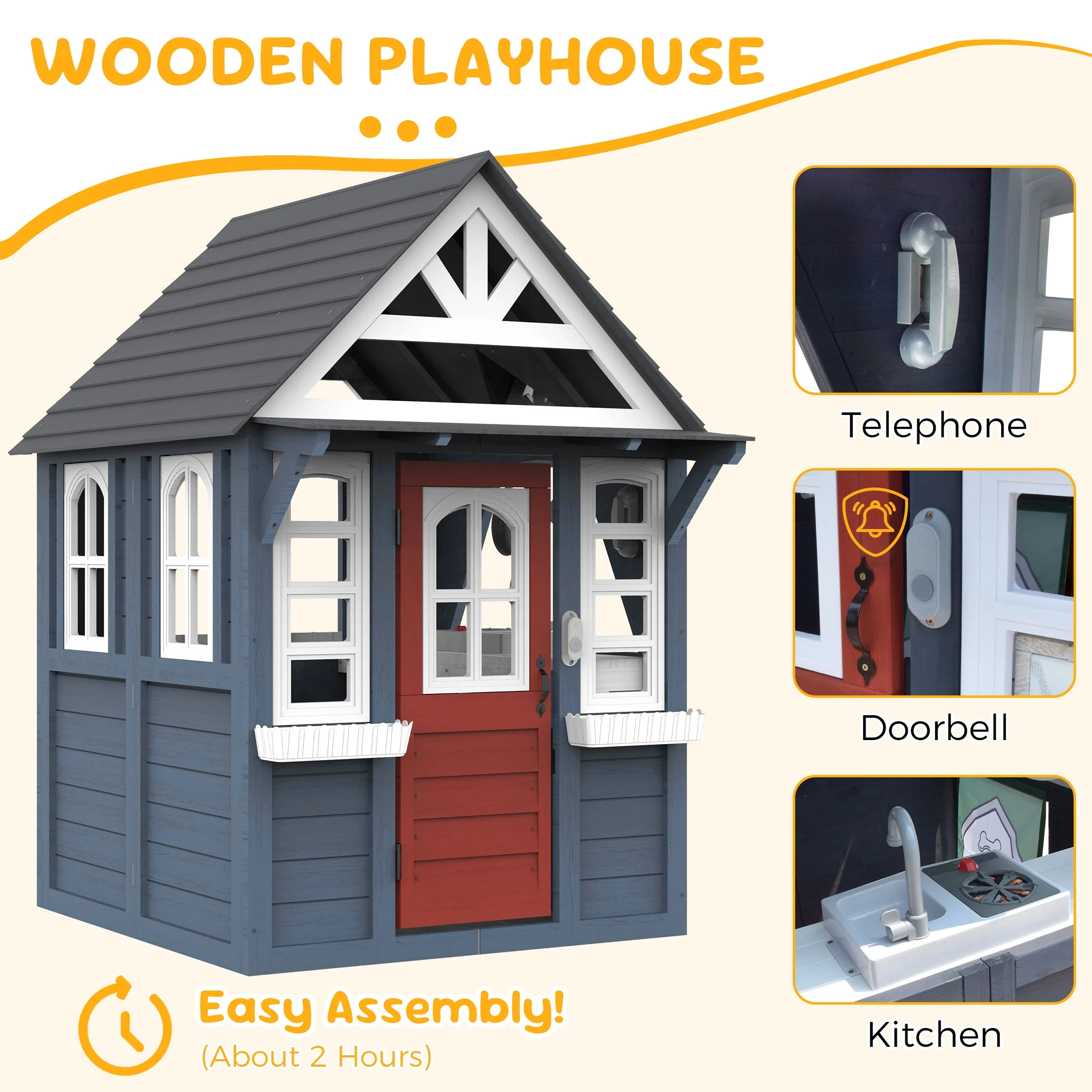 COCLUB Outdoor Playhouse for Kids Ages 4-8, Wooden Play House with Doorbell, Phone, Kitchen Toys, Outdoor Kids Play Equipment, Casa Para Ni?as (45-L x 65-H), White & Black - Image 16