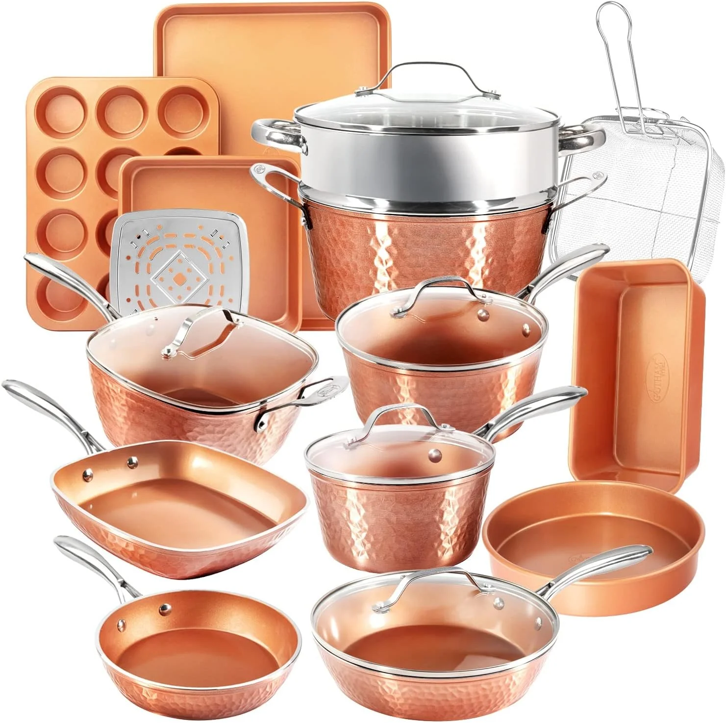 Hammered Copper 20 Pc Ceramic Cookware Set Nonstick, True Ceramic Pots and Pans Set Non Stick with Deep Square Pan Set & Bakeware Set, Non Toxic PFOA PFOS Free, Oven & Dishwasher Safe