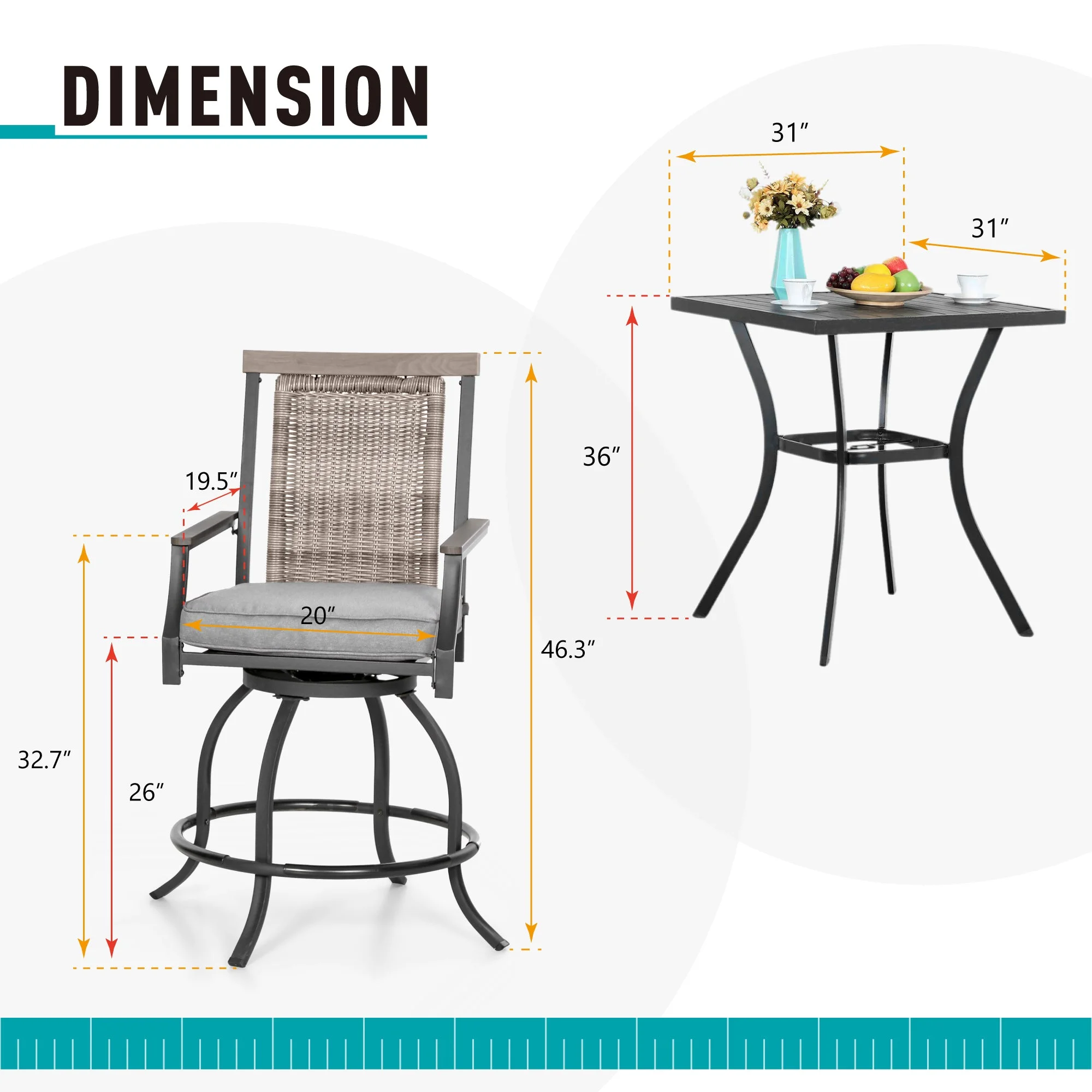 Sophia & William 3 Pieces Patio Outdoor Bar Stools Bistro Set Rattan Wicker Chairs & Square Metal Table Furniture Set - Image 2