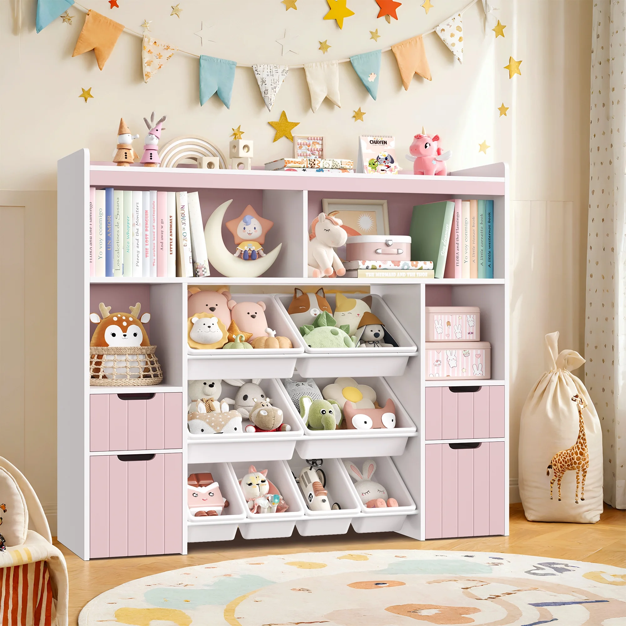 Homfa Kids Toy Storage Organizer with Cubby, Kids Toy Storage Chest with Removable Drawers, Kids Bookcase for Playroom Bedroom Living Room, Pink - Image 4
