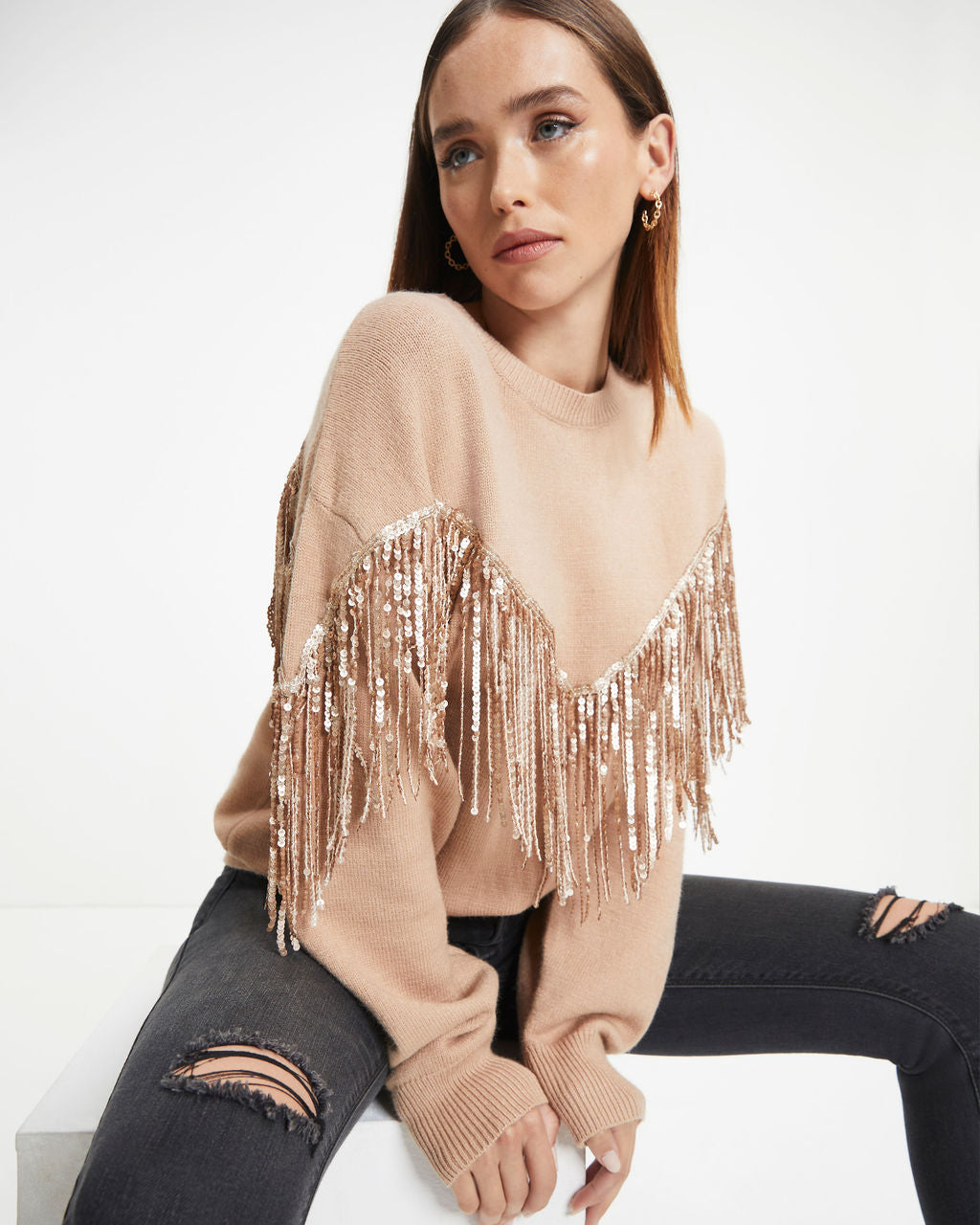 Western Glam Knit Fringe Sequin Pullover Sweater - Mocha - Se7enfashion