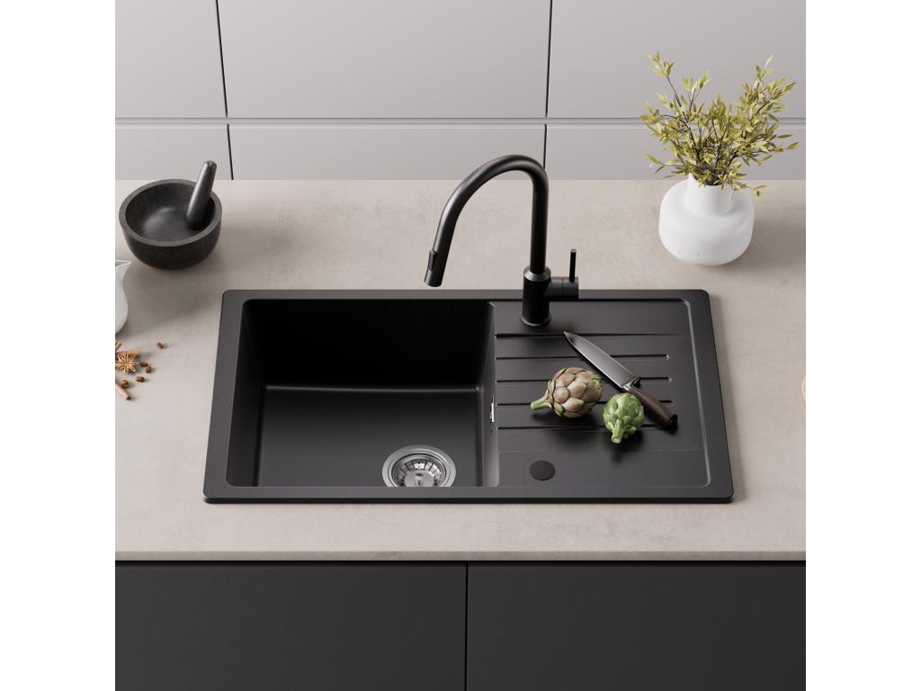 Tucasago Fregadero 1 seno 78x45cm con escurridor Fregadero encastrable de cuarzo y resina negra + Mezclador con ducha extraíble - 2 Jets a elegir Cepillado