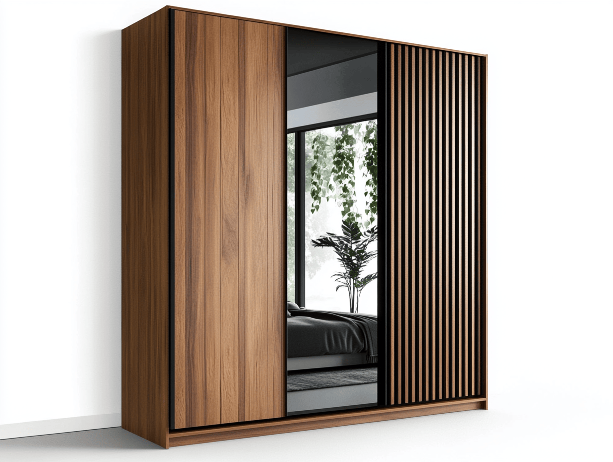 Armario moderno con puertas correderas espejo y panelado en madera oscura