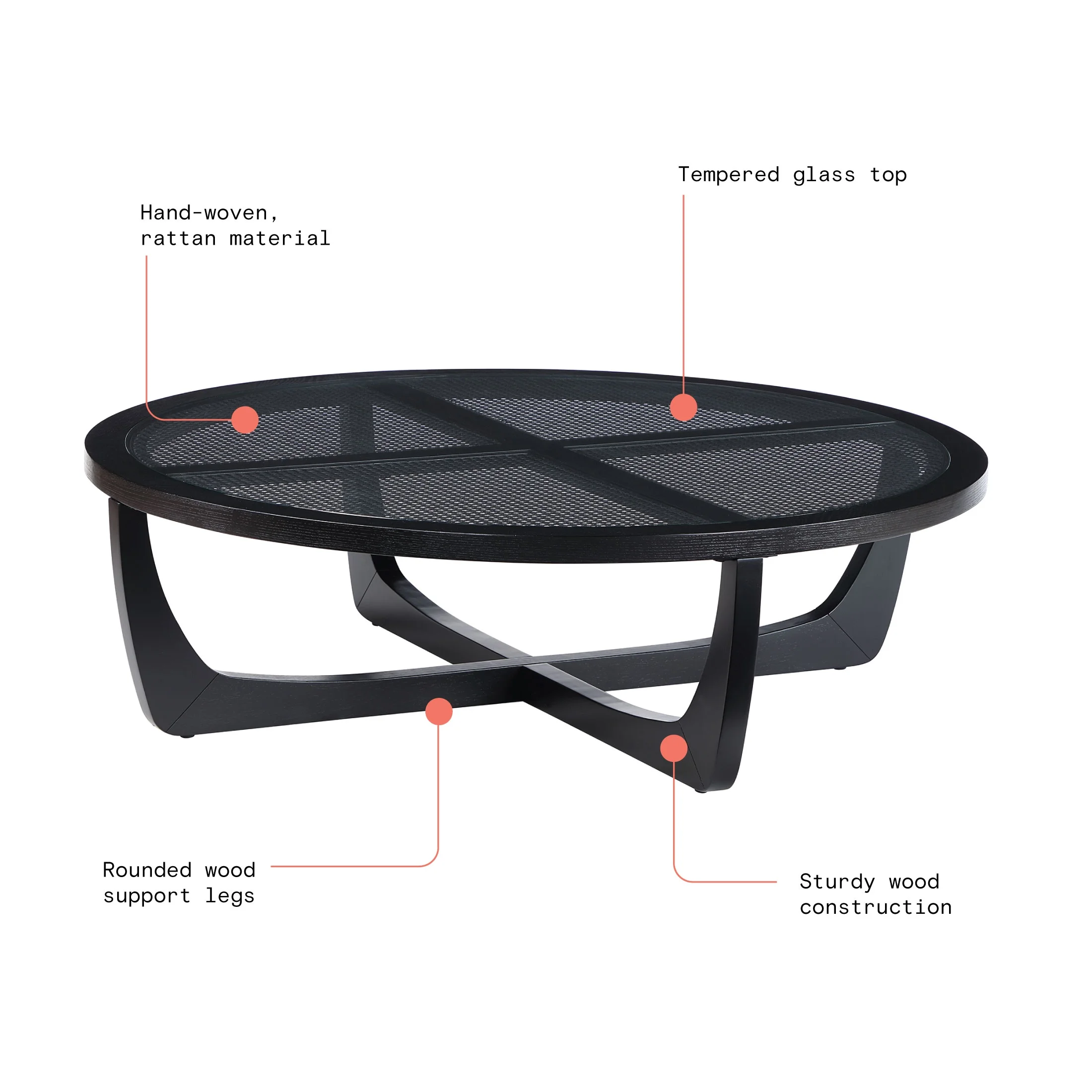 Beautiful by Drew Barrymore Round Rattan and Glass Top Coffee Table, Black - Image 2