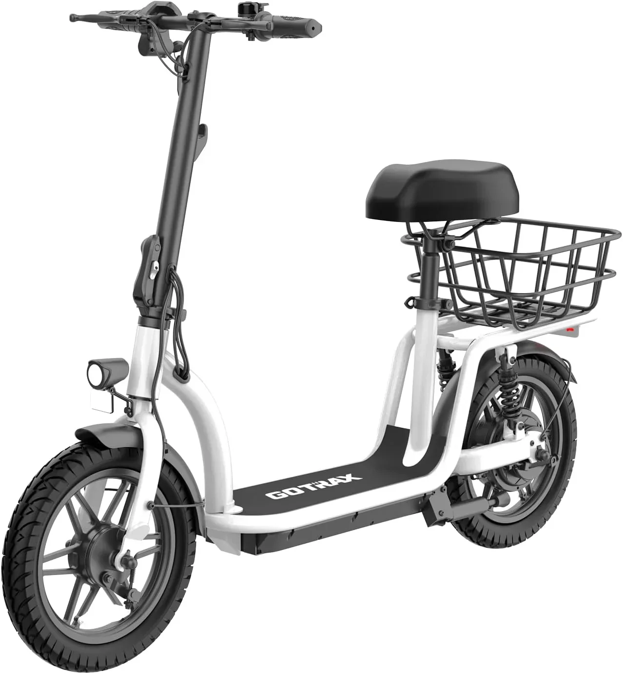 Gotrax adult electric scooter with seat maximum range of 19-25 miles all-terrain tires wide pedals