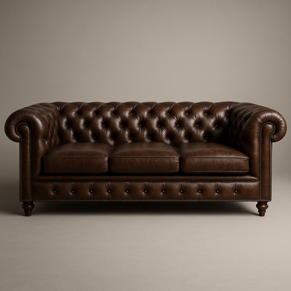 Sofá Chesterfield de Tres Plazas de Cuero Auténtico Marrón con Botones y Patas de Madera Maciza 220x90x75cm