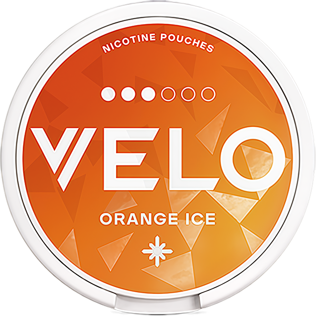 VELO Orange Ice 10mg nicotine pouches — Slim Moist can with 20 strong orange-menthol pouches