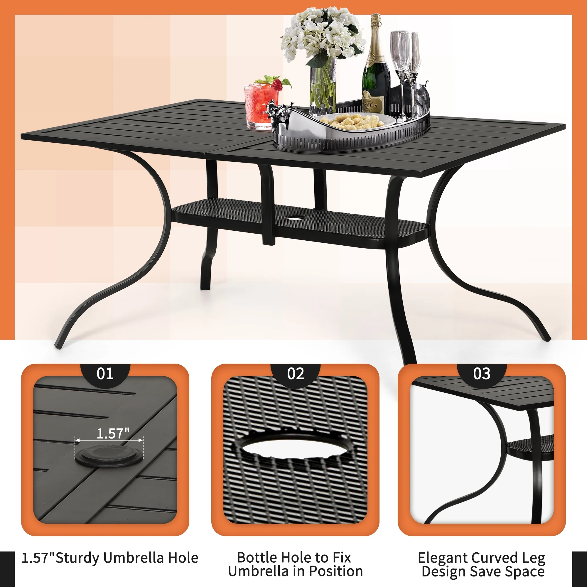SOLAURA Outdoor Patio Dining Rectangle Metal Table for 6-Person with Umbrella Hole, Black - Image 4