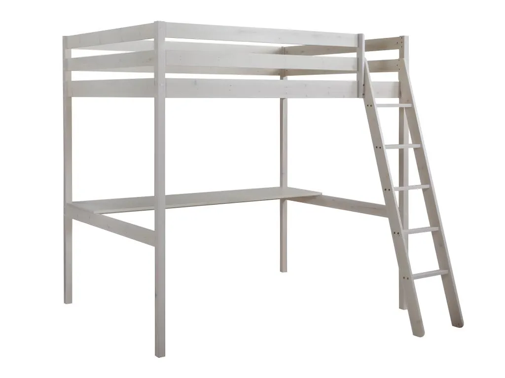 Cama alta Cosinor - 140x190 cm - con escritorio - pino macizo - blanqueado fgu126311