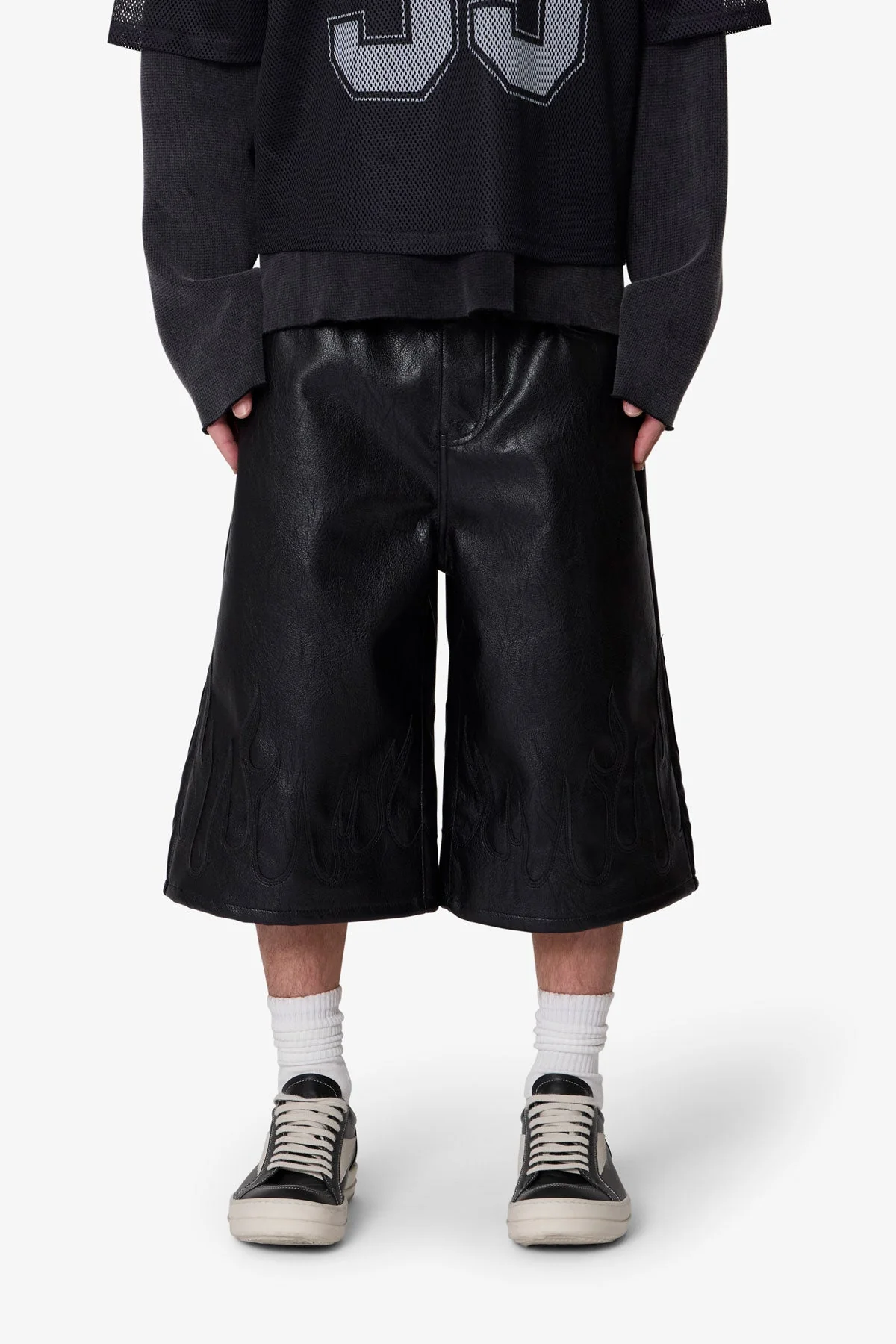 Ultra Baggy Leather Flame Shorts - Black