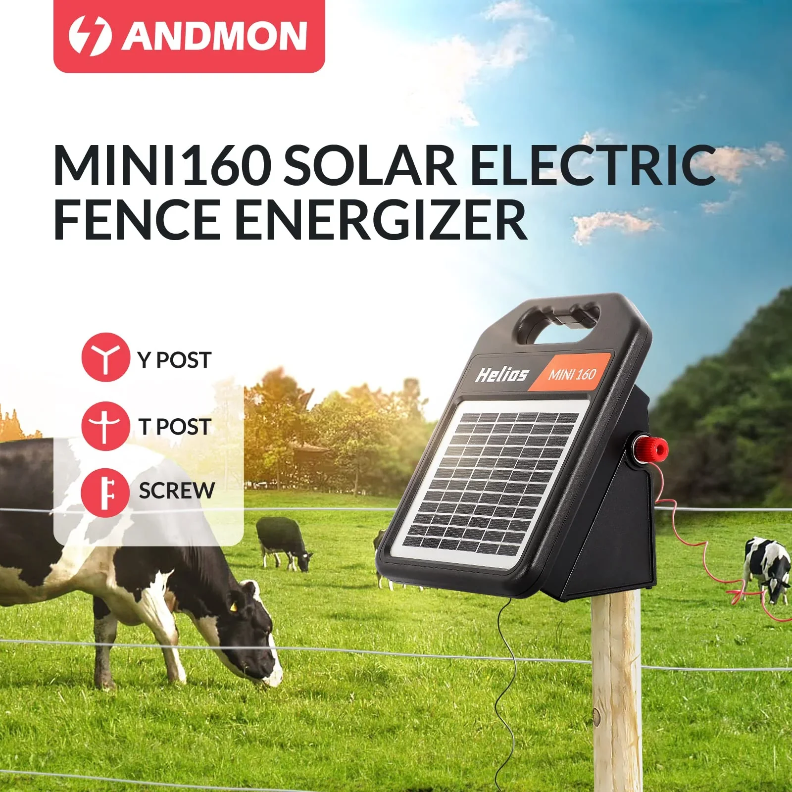 Andmon 10 Miles Solar Electric Fence Charger with Day or Night Mode