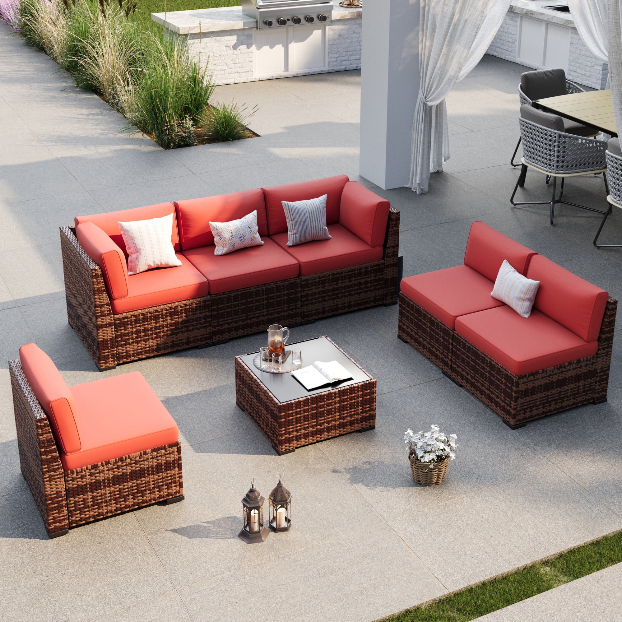 ELPOSUN 7 Pieces Patio Furniture Set, Outdoor Furniture Sectional Rattan Sofa for Backyard Garden Dark Grey - Image 19