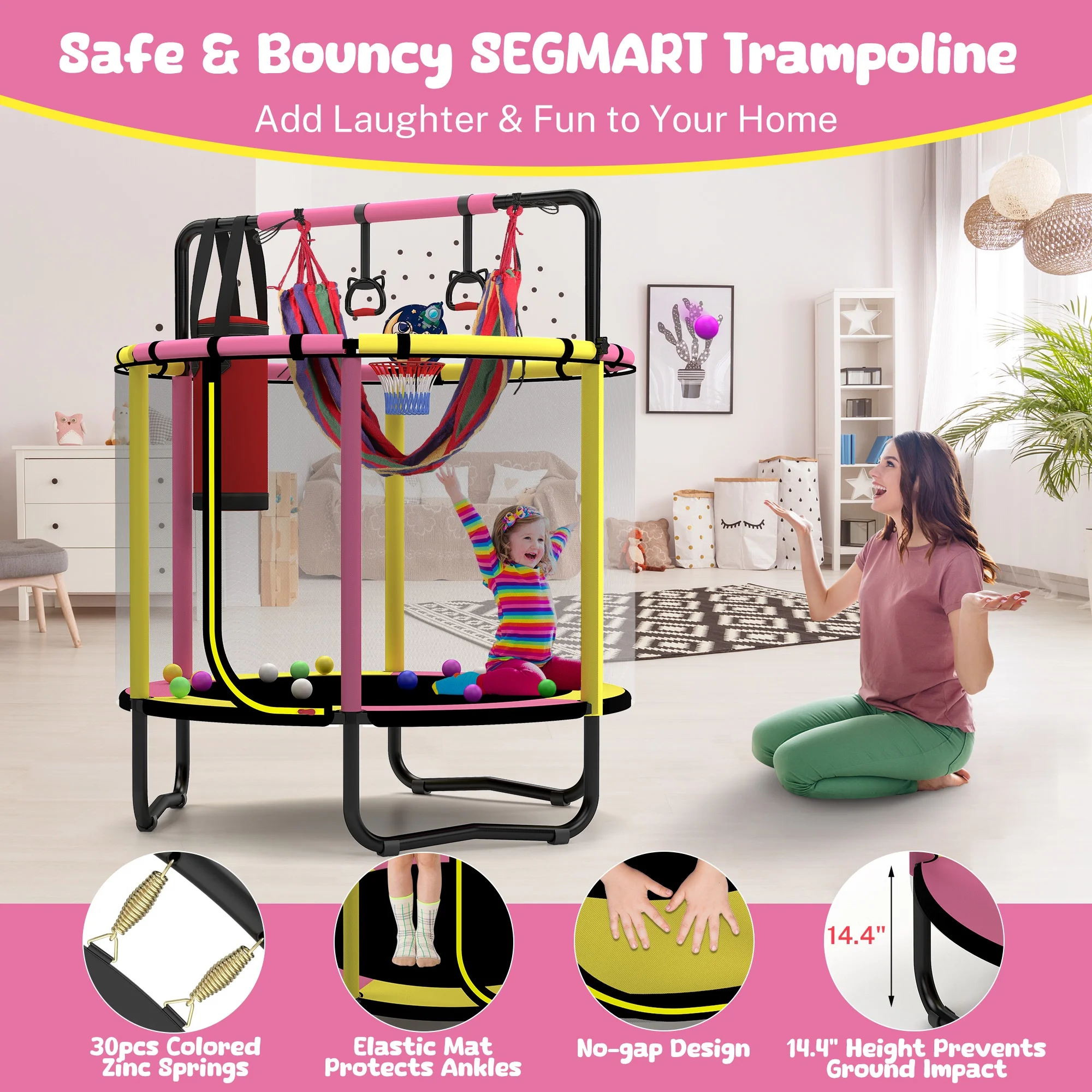 Mini Round Trampoline for Kids with Basketball Hoop, SEGMART 55'' Indoor Outdoor Toddler Trampoline with Enclosure Net, Swing, Sandbag, Ring, Ocean Balls, Small Trampoline Gift for Boys Girls, Blue - Image 18