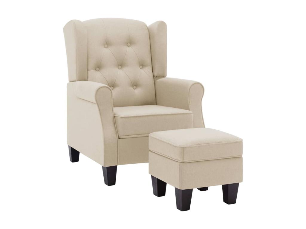 Sillón con taburete reposapiés de tela crema