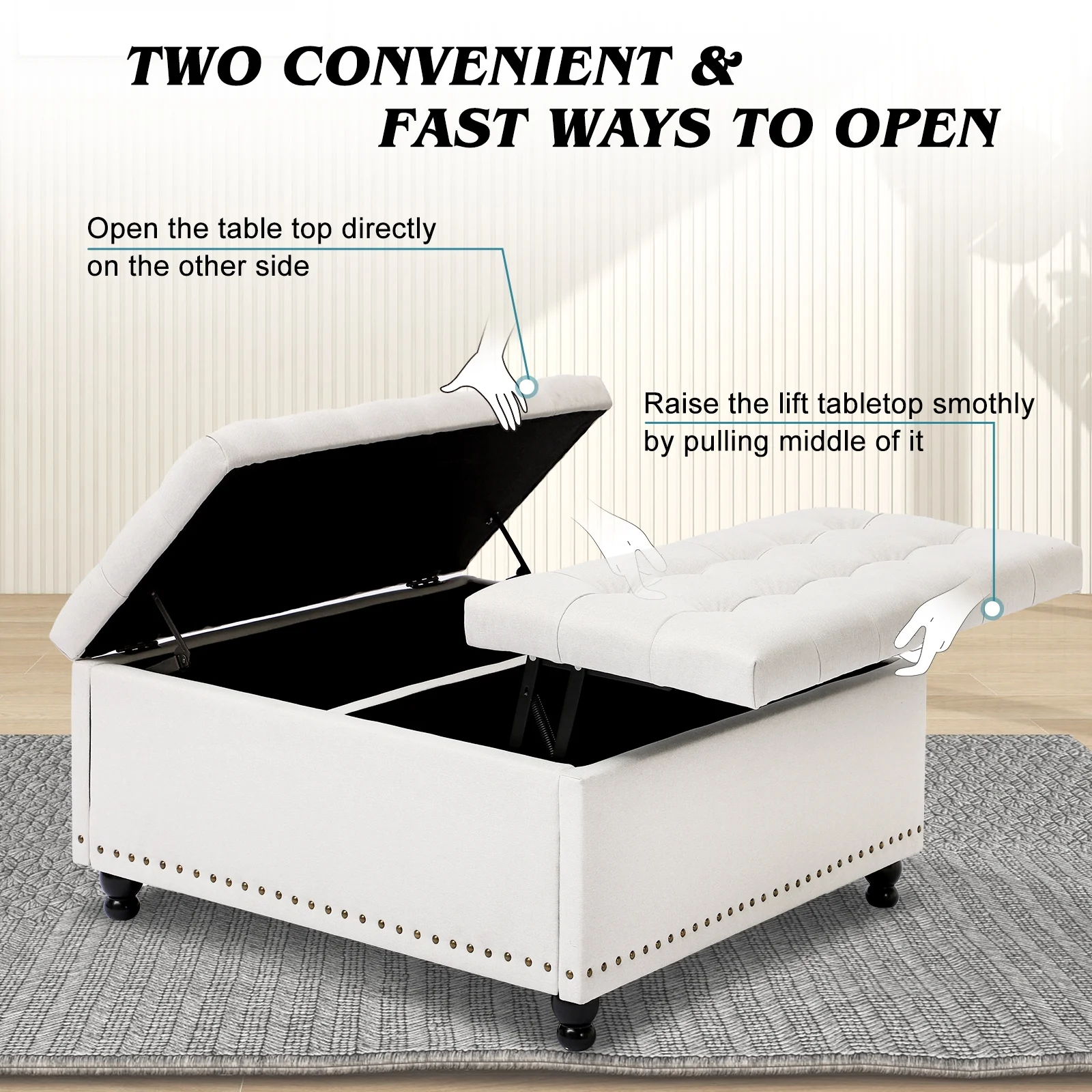 Magic Union 35" Large Square Storage Ottoman, Oversized Square Ottoman with Storage, Tufted Upholstered Ottoman Coffee Table with Lift Top for Living Room (Beige) - Image 5